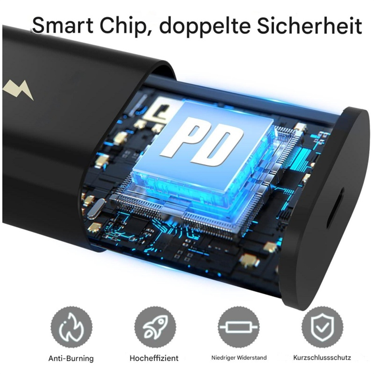 Schwarzes USB-Ladegerät mit blauen Details. Zeigt einen PD-Chip mit Brandschutz, hoher Effizienz, geringem Widerstand und Kurzschlussschutz.