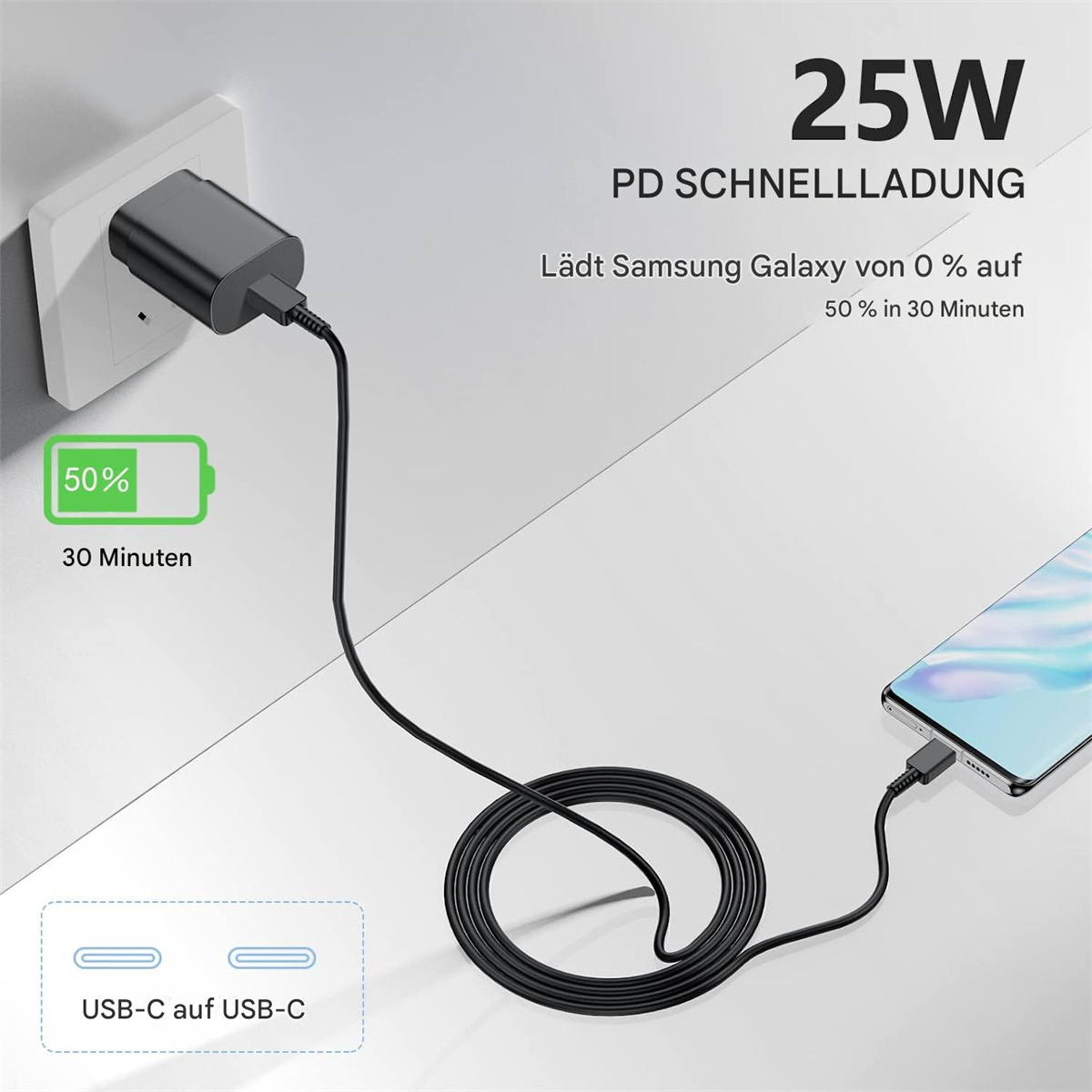 Ein Telefon, das mit einem schwarzen Ladegerät geladen wird. Das Ladegerät ist an der Wand und am Telefon angeschlossen.