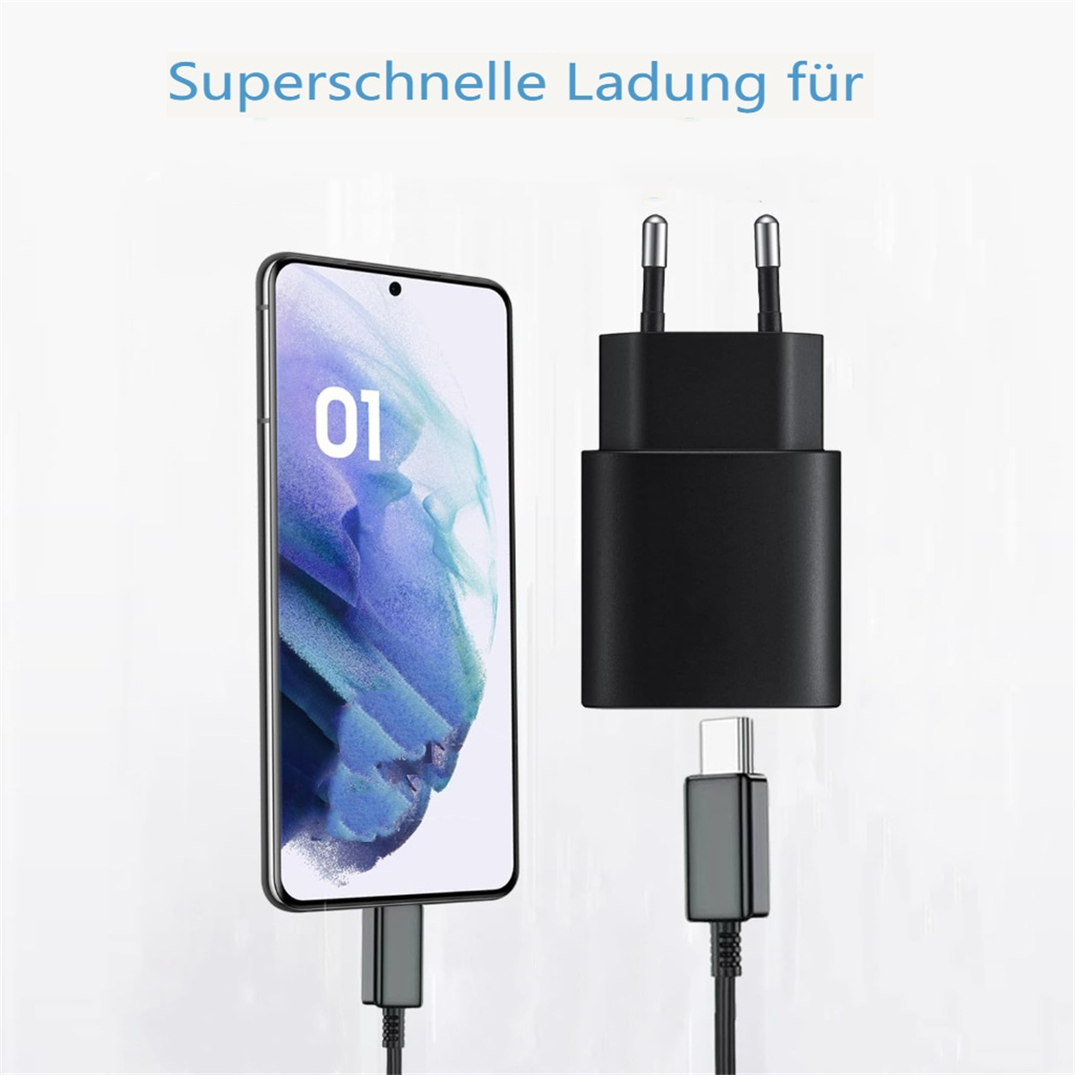 Ein Smartphone mit Ladekabel und einem schwarzen Ladegerät. Text lautet: 'Superschnelle Ladung für'.