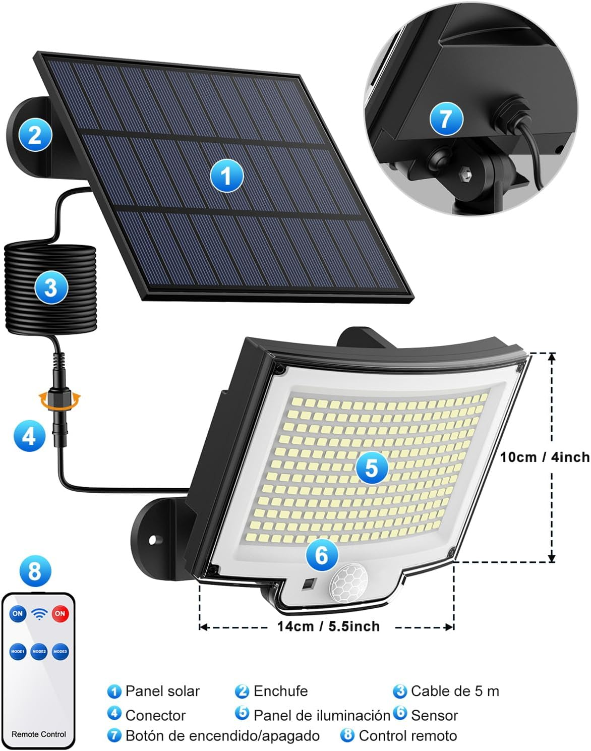 Ein Solarpanel mit Leuchte. Mit Fernbedienung und zeigt verschiedene Komponenten und Abmessungen.