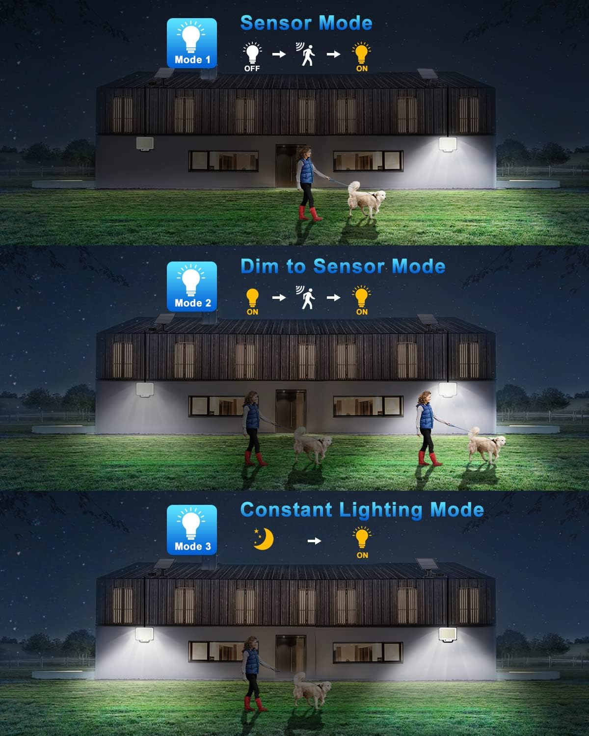 Diagramm mit drei Modi der Außenbeleuchtung mit einem Haus und Personen mit einem Hund.