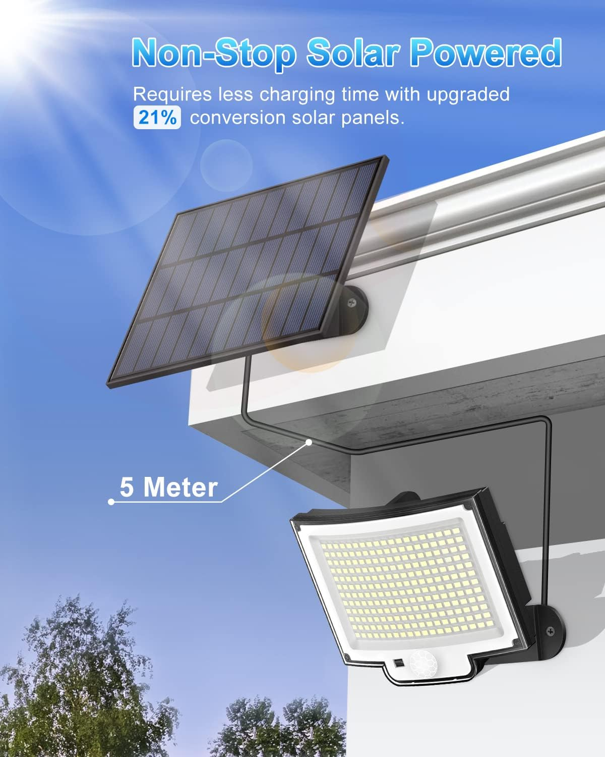 Outdoor-Solarpanel mit einem an einer Wand befestigten Scheinwerfer, beleuchtet von der Sonne.