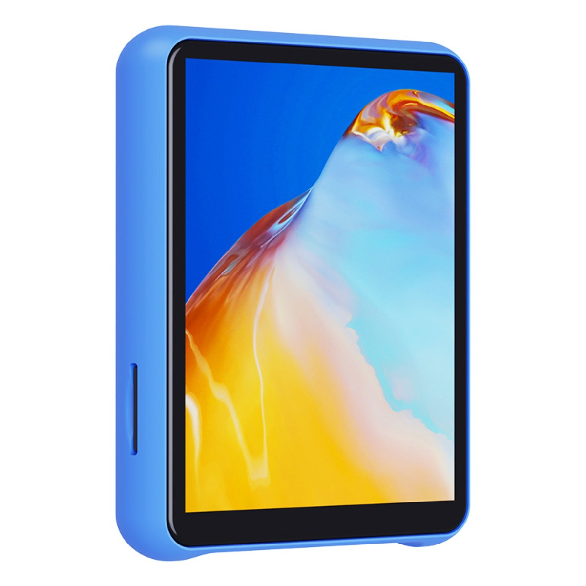 Blaues Tablet mit blauem Gehäuse, zeigt ein farbenfrohes abstraktes Bild auf dem Bildschirm.