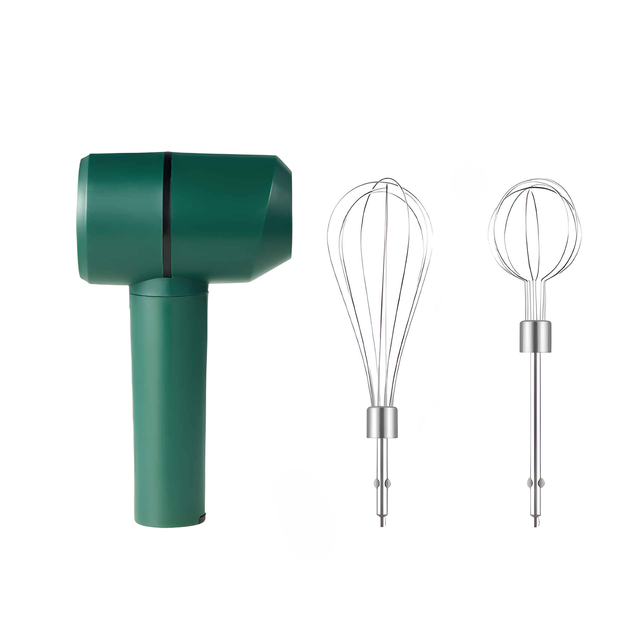 Grüner Handmixer mit zwei Schneebesen. Ein Standard, der andere Ballon.