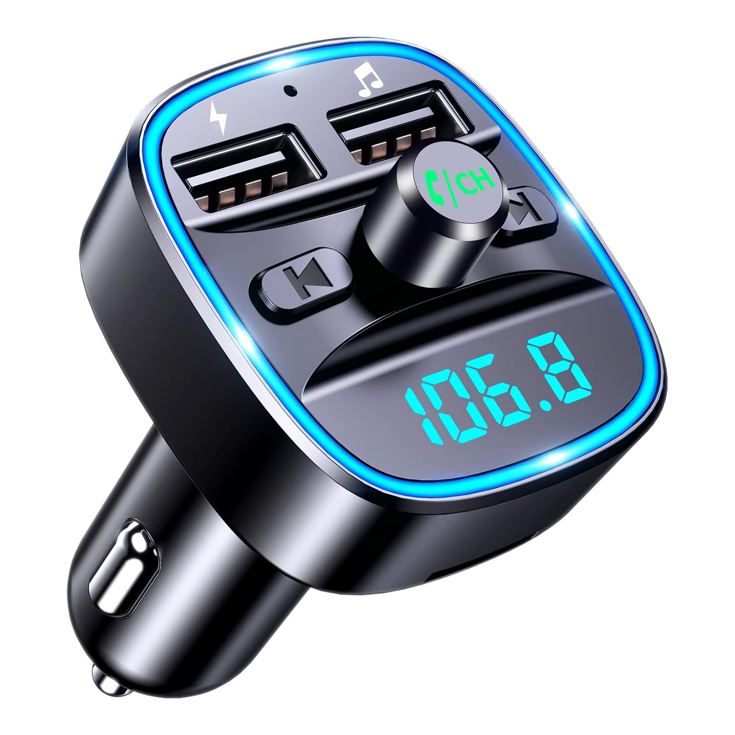 Ein schwarzes Autoladegerät mit USB-Anschlüssen und Digitalanzeige 106.8. Es hat blaue Lichter.