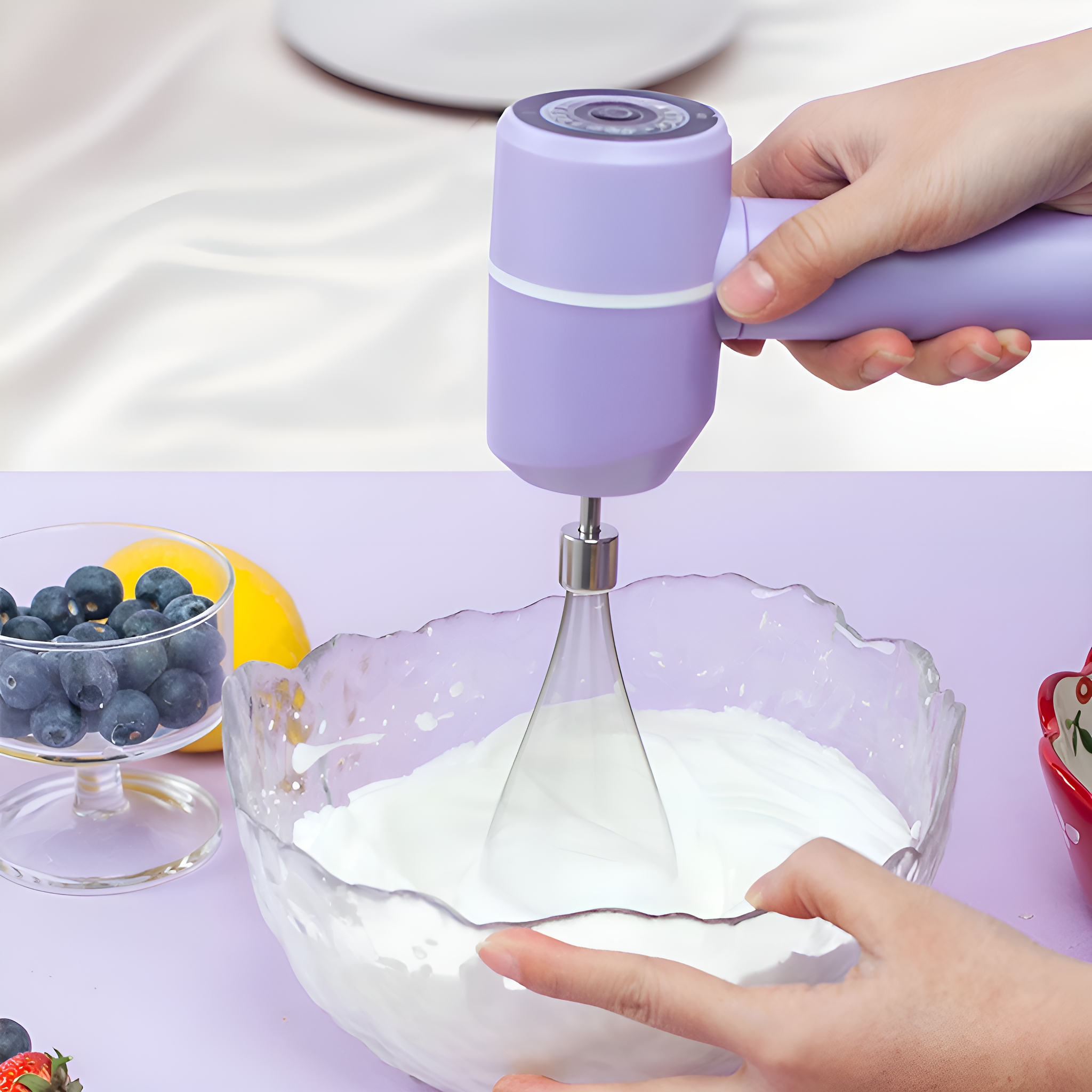 Ein lila Handmixer, der weiße Sahne in einer Glasschüssel mit Blaubeeren und Zitrone verrührt.