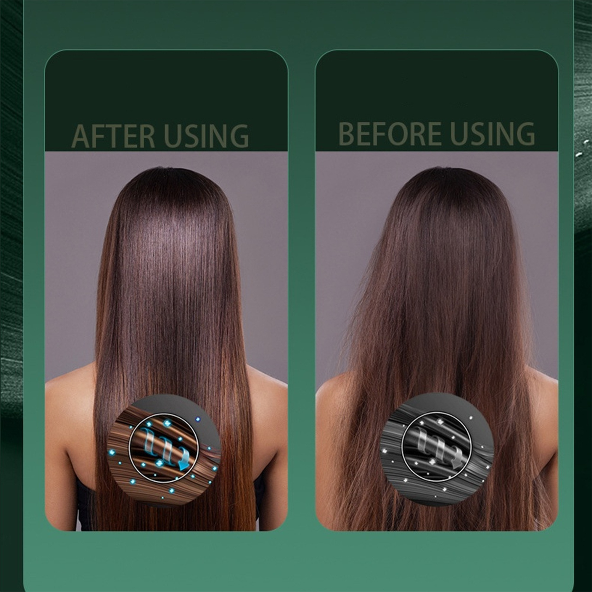 Vorher-Nachher-Vergleich der Haarbehandlung. Das rechte Bild hat glattes, glänzendes Haar.