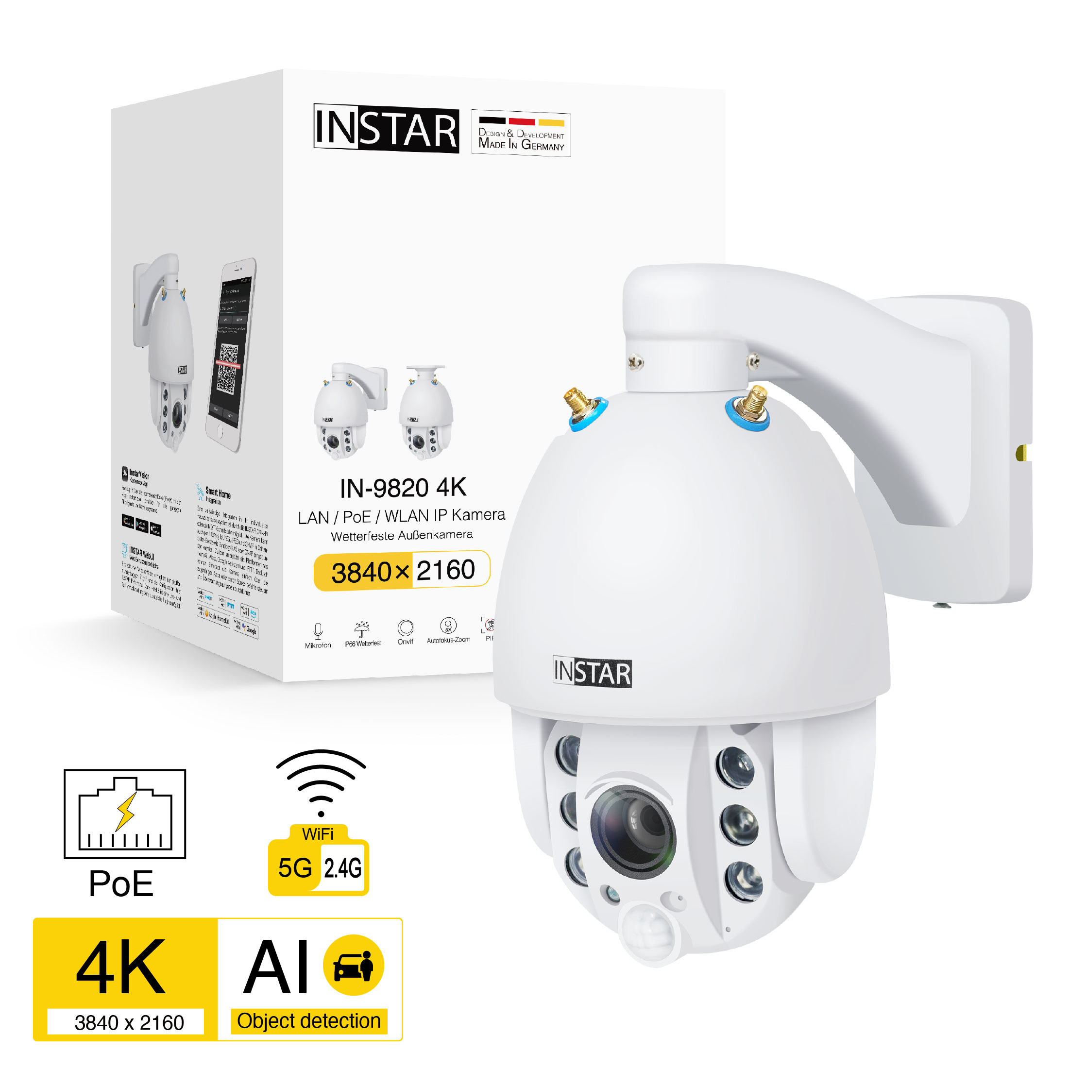 Weiße Überwachungskamera mit der Box links. Verfügt über 4K, KI und PoE.