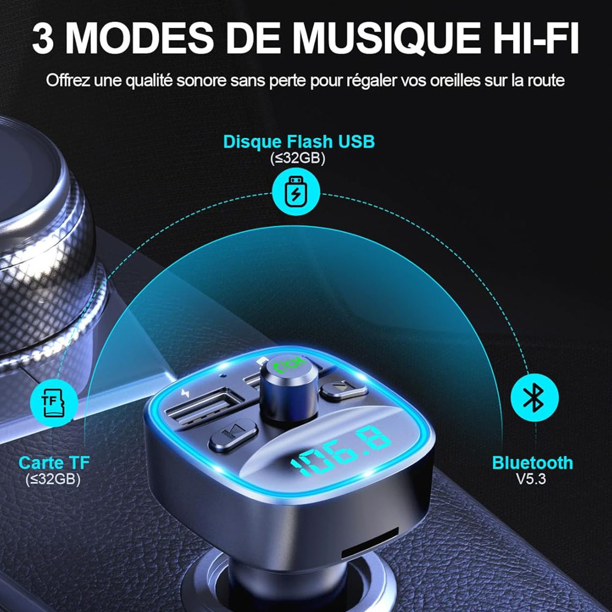 Ein Autoradio mit Bildschirm, der Zahlen und Symbole für USB, TF-Karte und Bluetooth anzeigt.