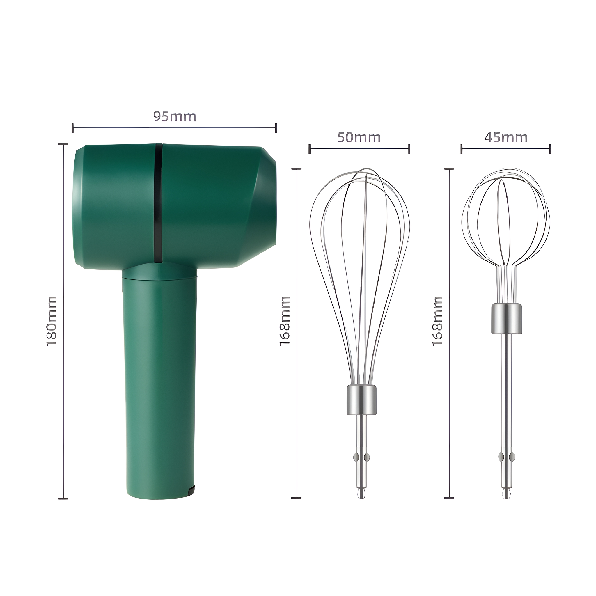 Ein grüner Handmixer mit Maßen und zwei Aufsätzen. Er hat einen Griff und zwei Schneebesen.