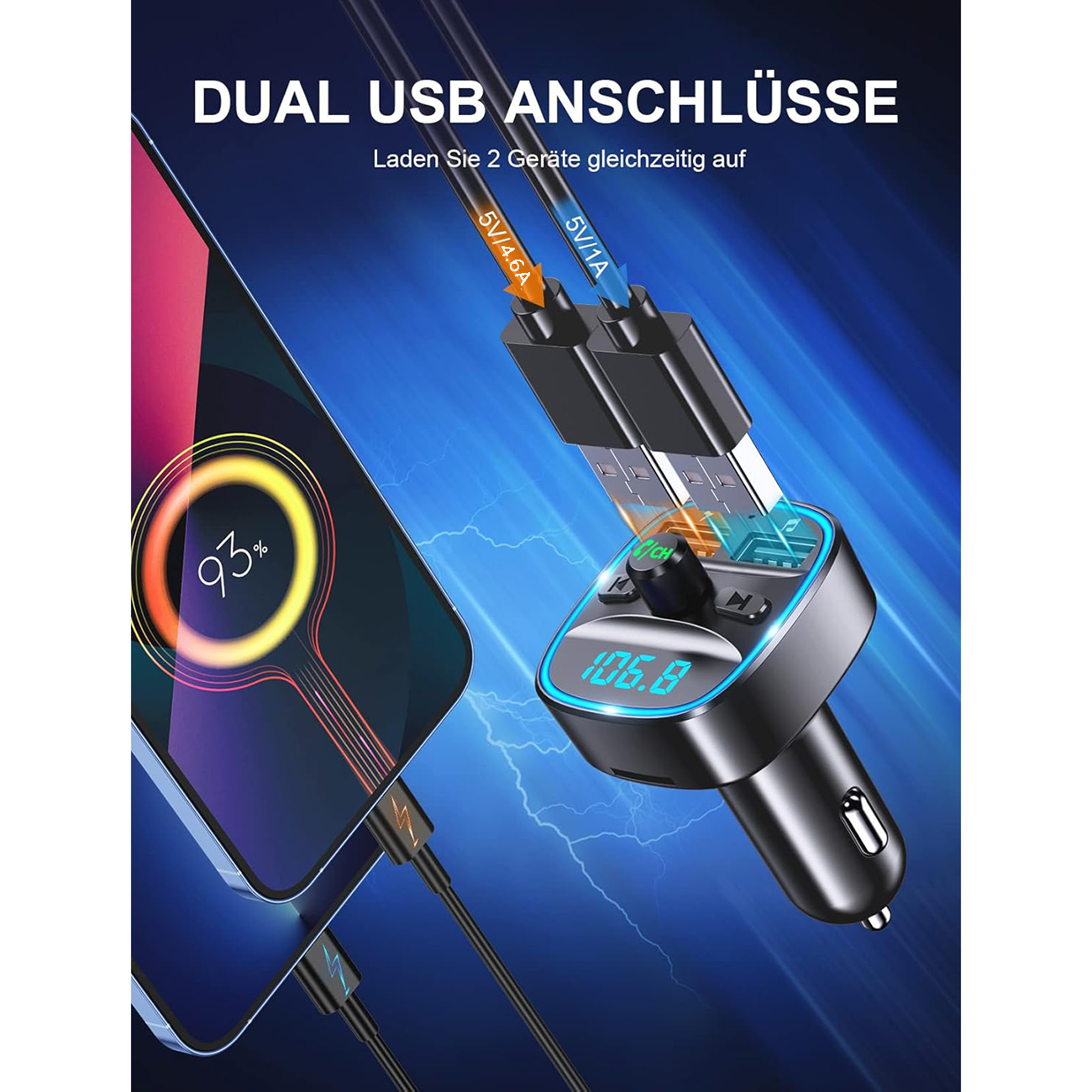 Ein Autoladegerät mit zwei USB-Anschlüssen. Ein Telefon ist an das Ladegerät angeschlossen.