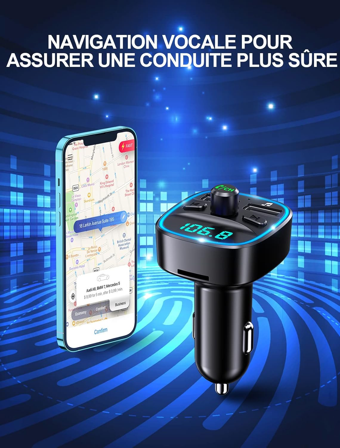 Ein Navigationsgerät für Autos mit einem Telefon, das eine Karte zeigt, und USB-Anschlüssen zum Aufladen.