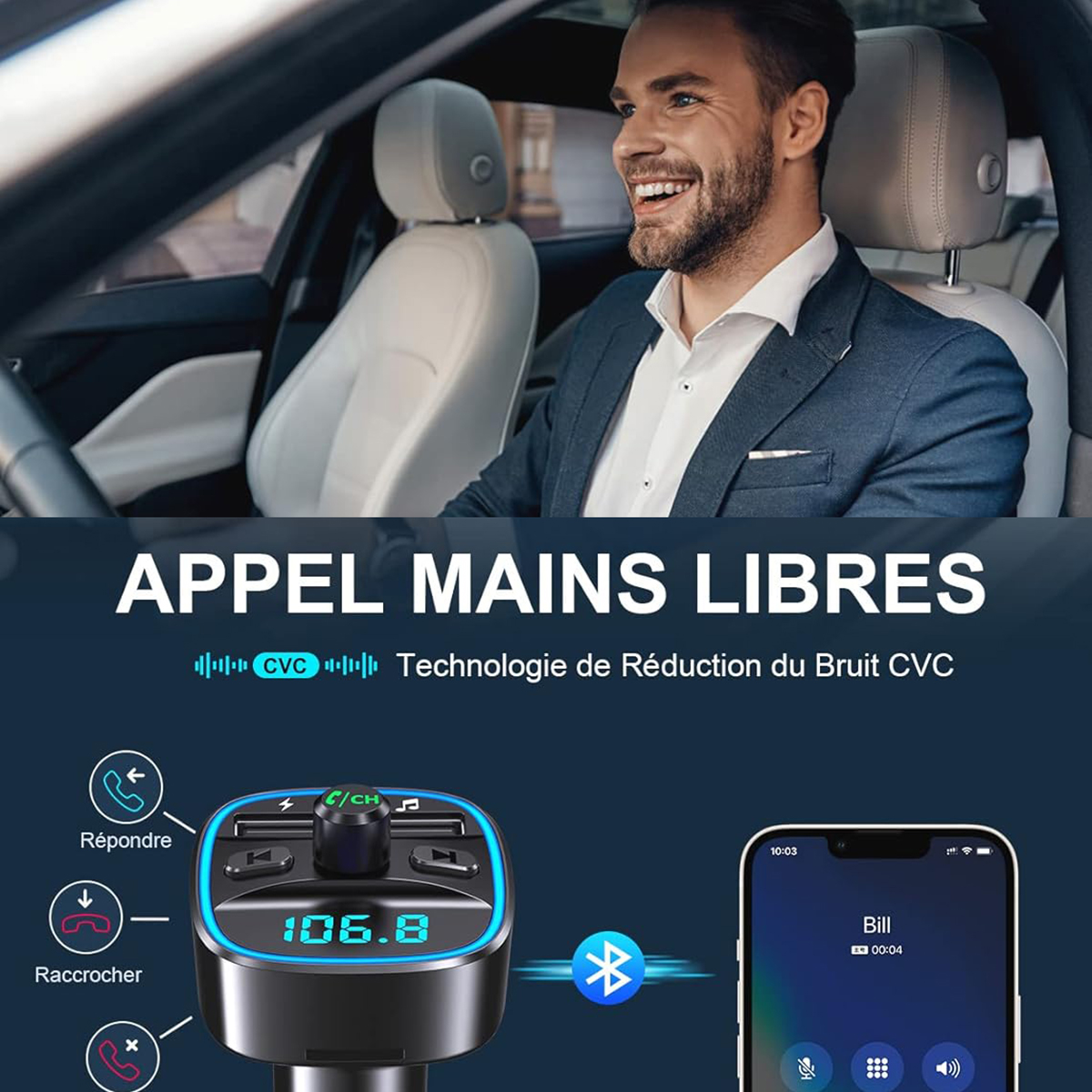 Mann im Auto mit Telefon, das einen Anruf anzeigt, und Gerät, das '106.8' anzeigt.