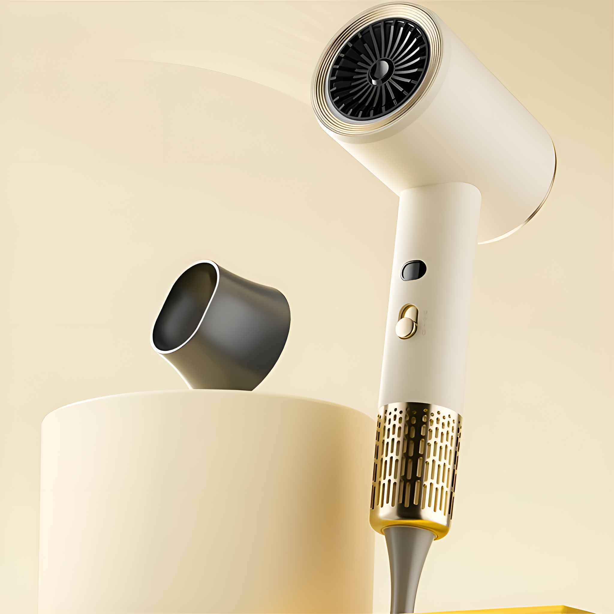 Ein weißer und goldener Haartrockner mit abgenommener Düse, ruhend auf einer cremefarbenen Plattform.