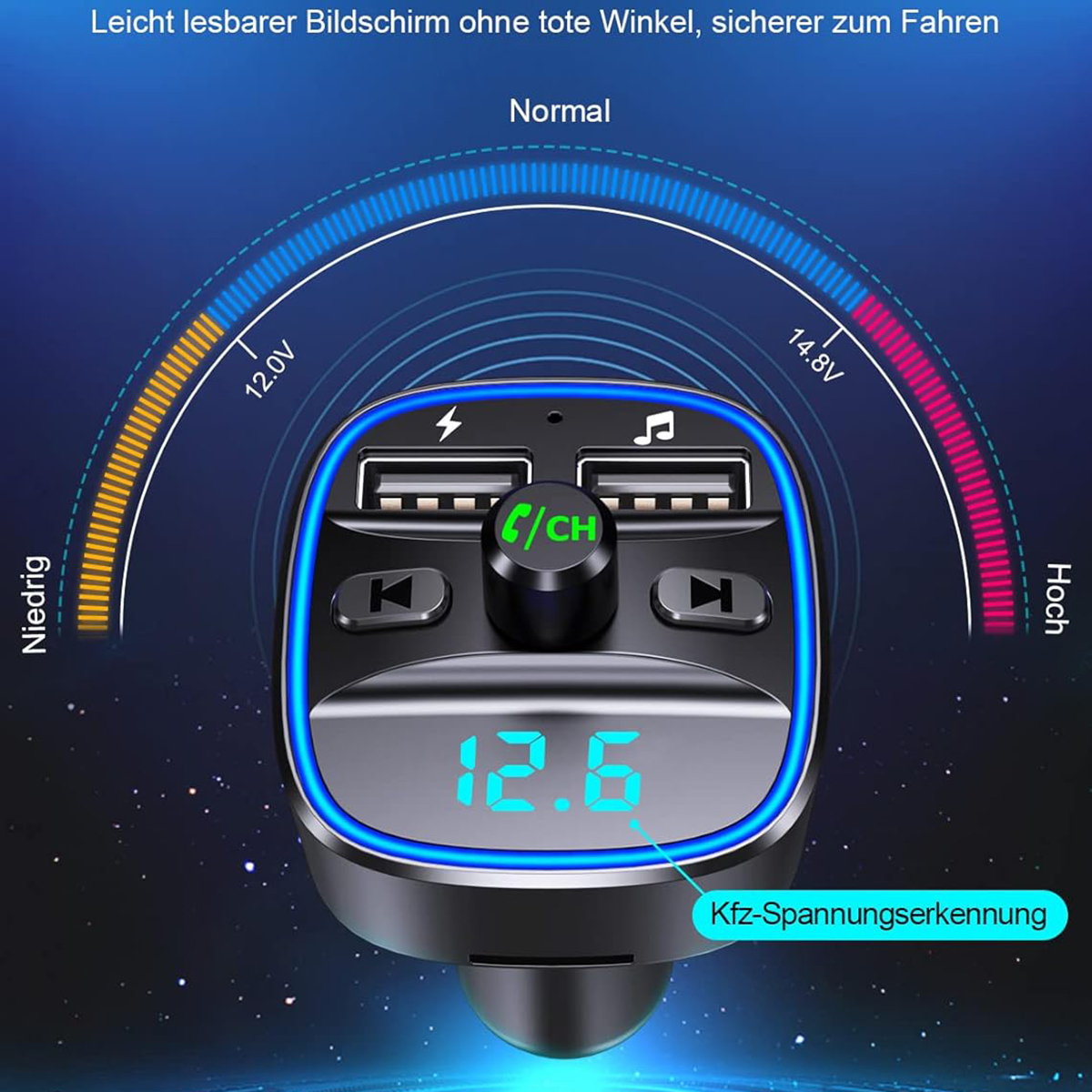 Auto-Ladegerät mit USB-Anschlüssen, Spannungsanzeige und Musiksteuerung, mit blauem und orangefarbenem Verlauf.