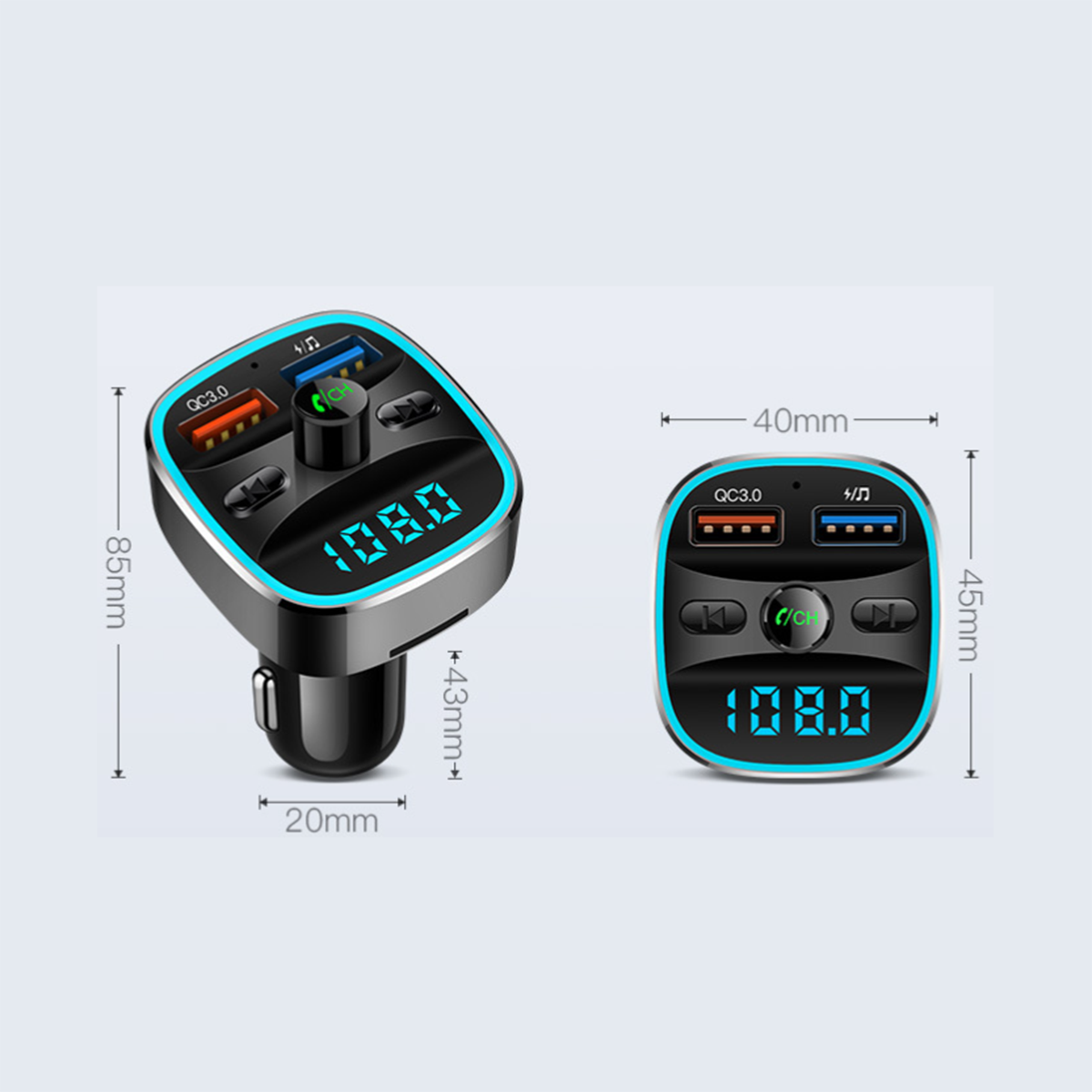 Schwarzer FM-Transmitter für das Auto. Hat einen Bildschirm mit 108.0 und zwei USB-Anschlüssen, mit Abmessungen.