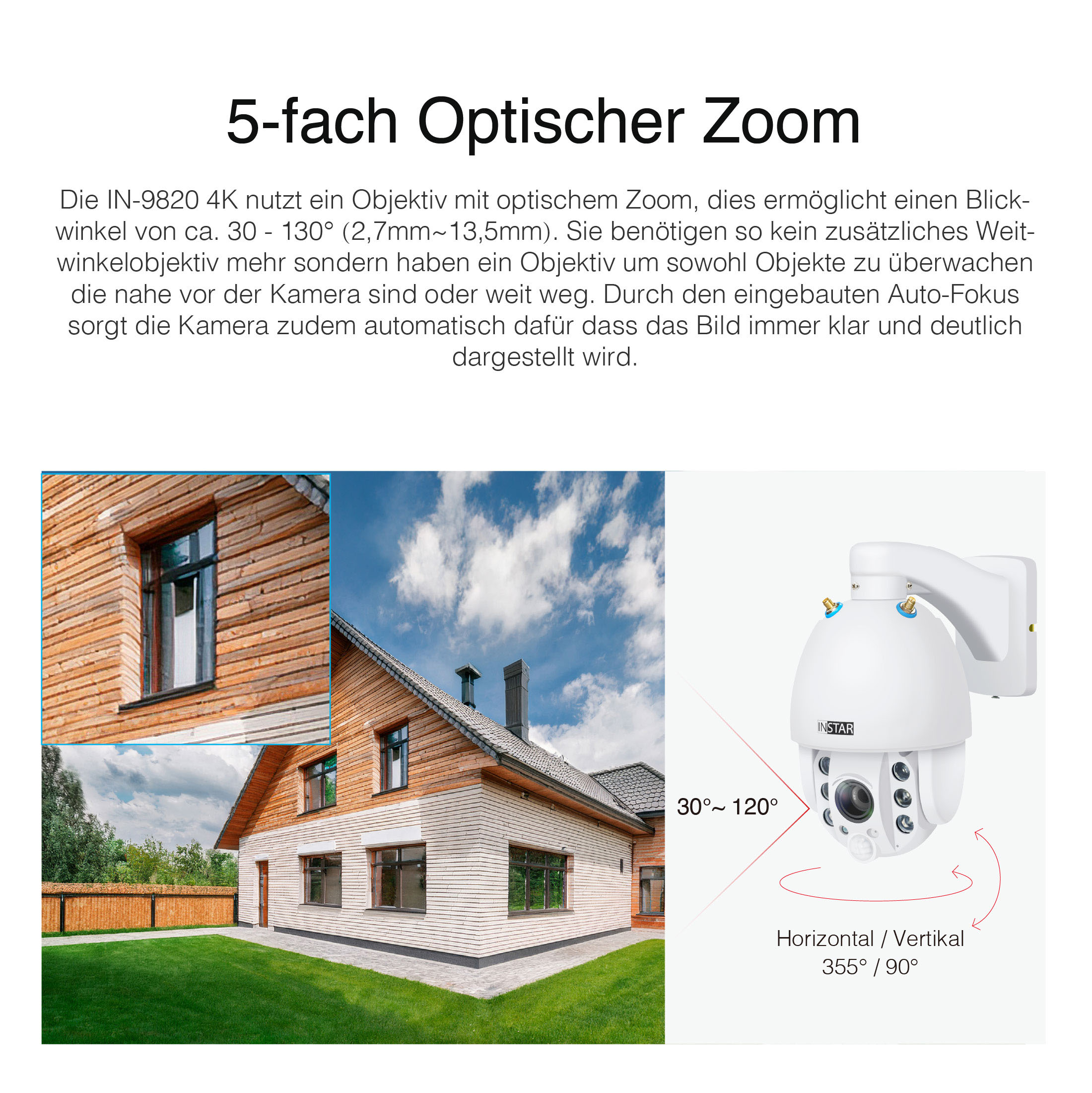 Eine weiße Überwachungskamera im Kontext eines Hauses mit Holzfassade und grünem Rasen.