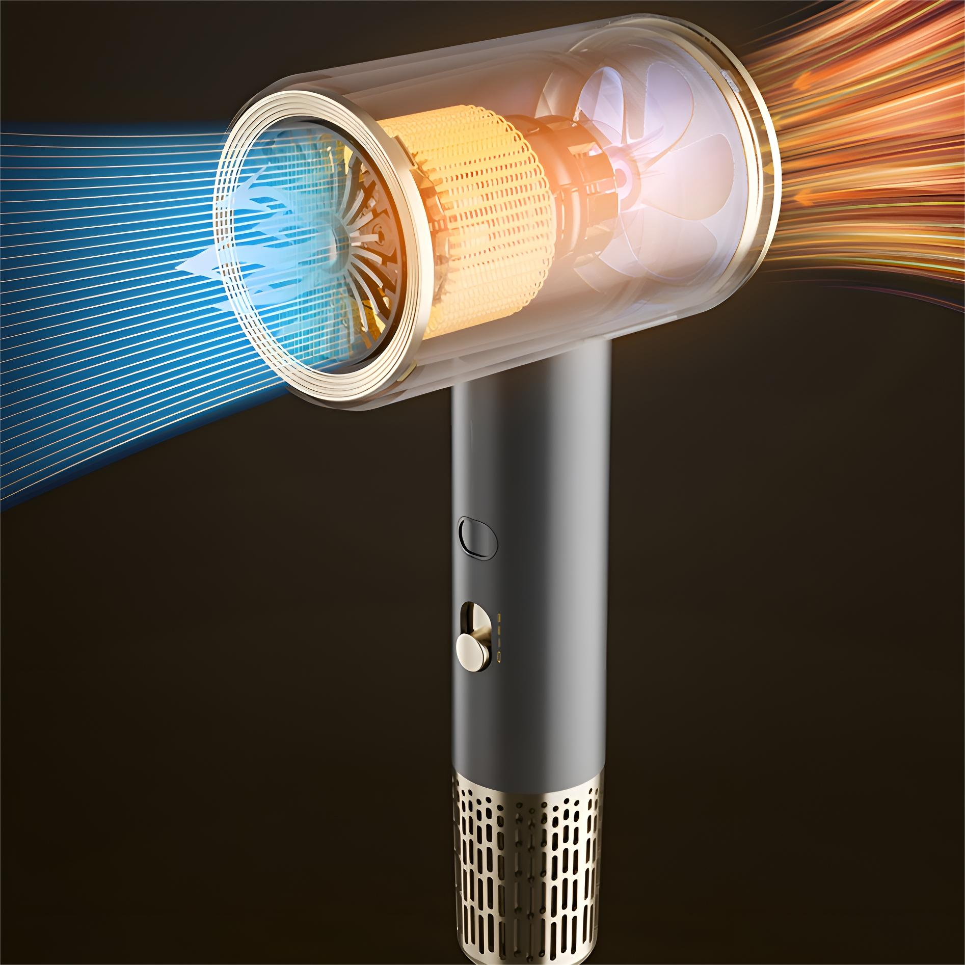 Eine Nahaufnahme eines Haartrockners, die den internen Lüfter und das Heizelement zeigt. Der Luftstrom wird mit blauen und orangefarbenen Strömen angezeigt.