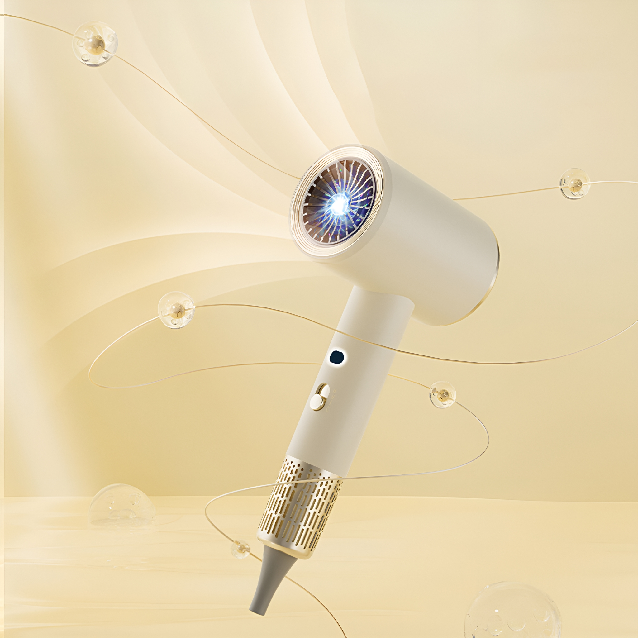Ein weißer und goldener Haartrockner mit einzigartigem Design und fließendem Hintergrund.