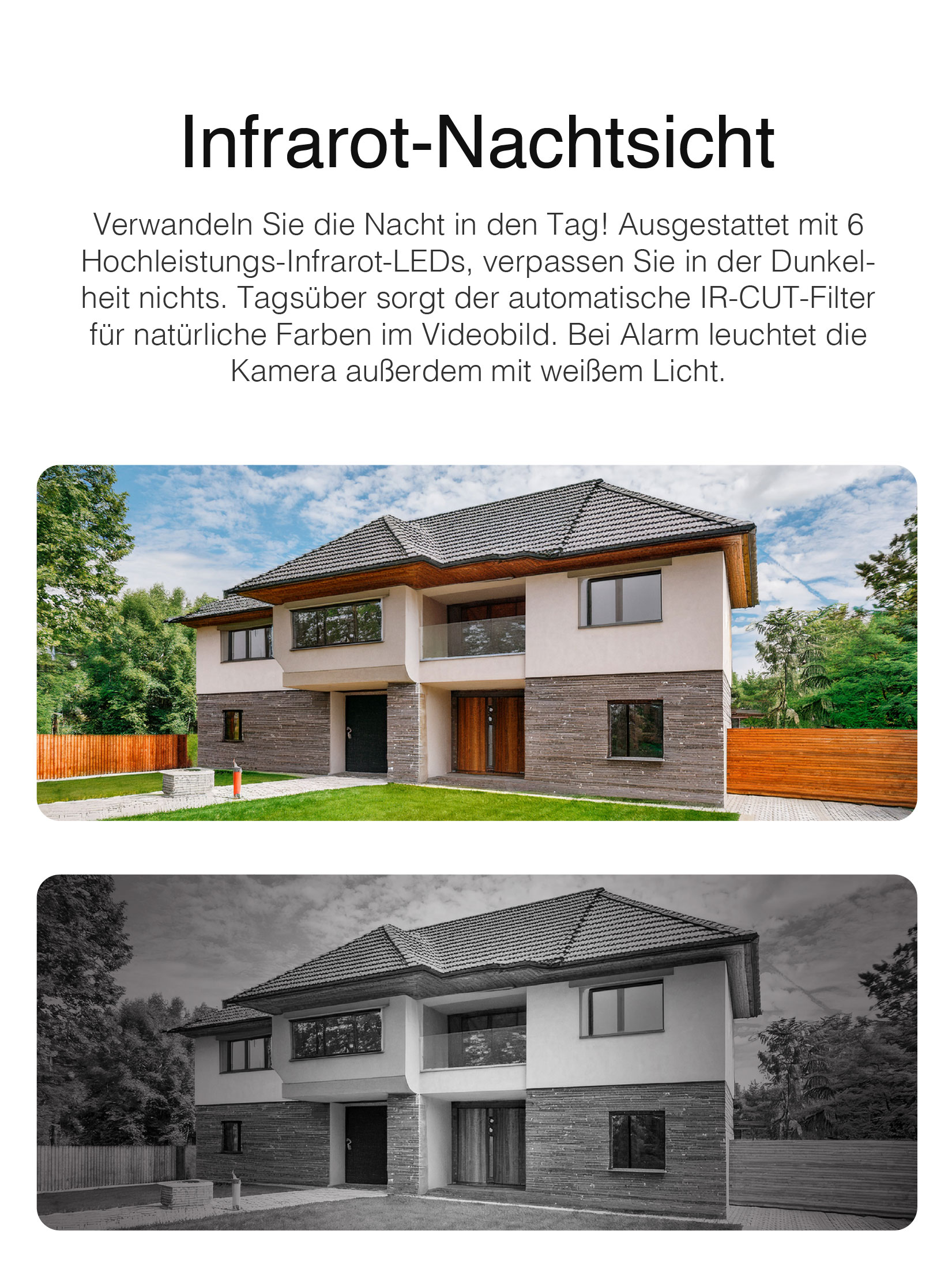 Ein Haus bei Nacht, mit Infrarot-Nachtsichtbild.