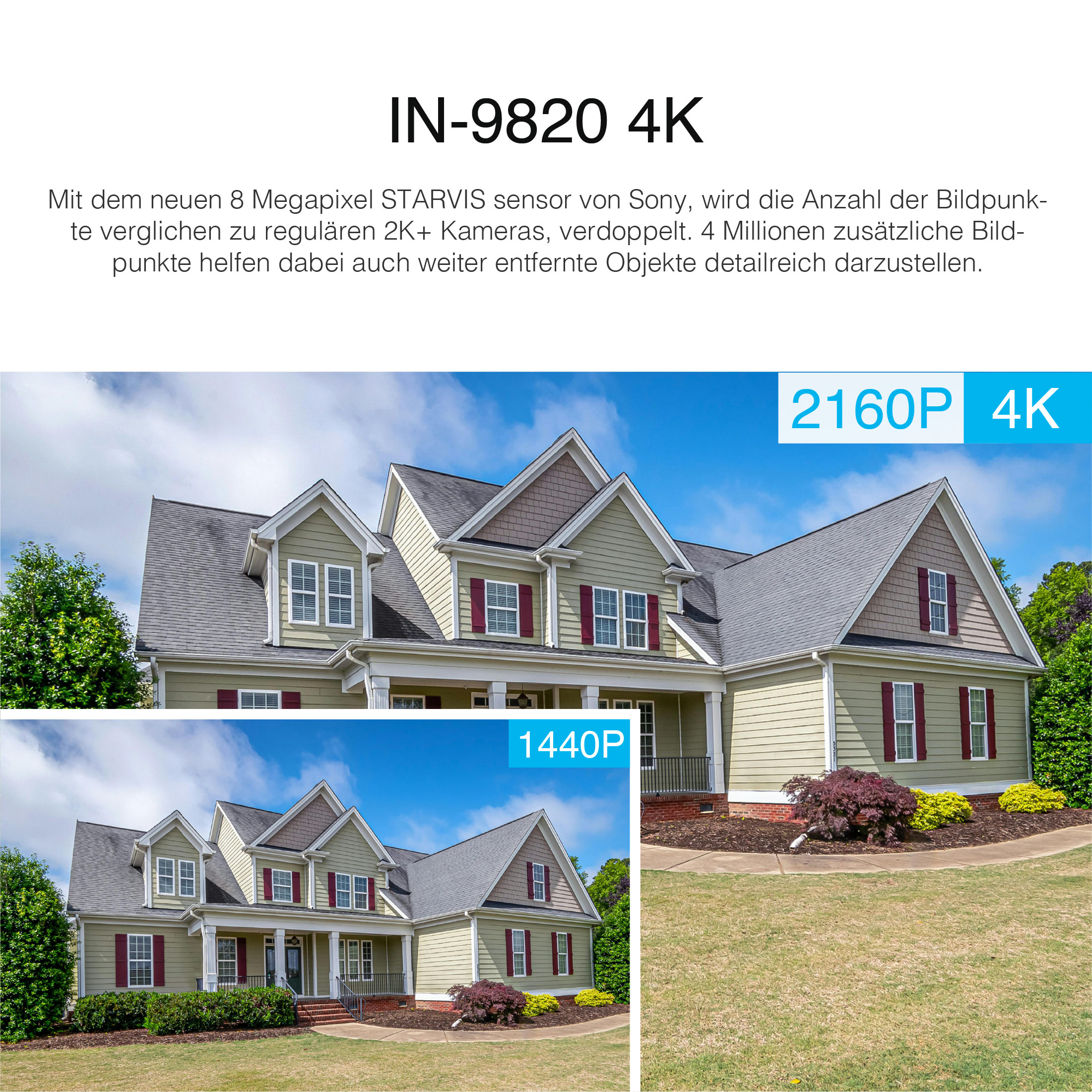 Bild eines Hauses, geteilter Bildschirm mit 2160P 4K und 1440P. Textüberlagerungen.