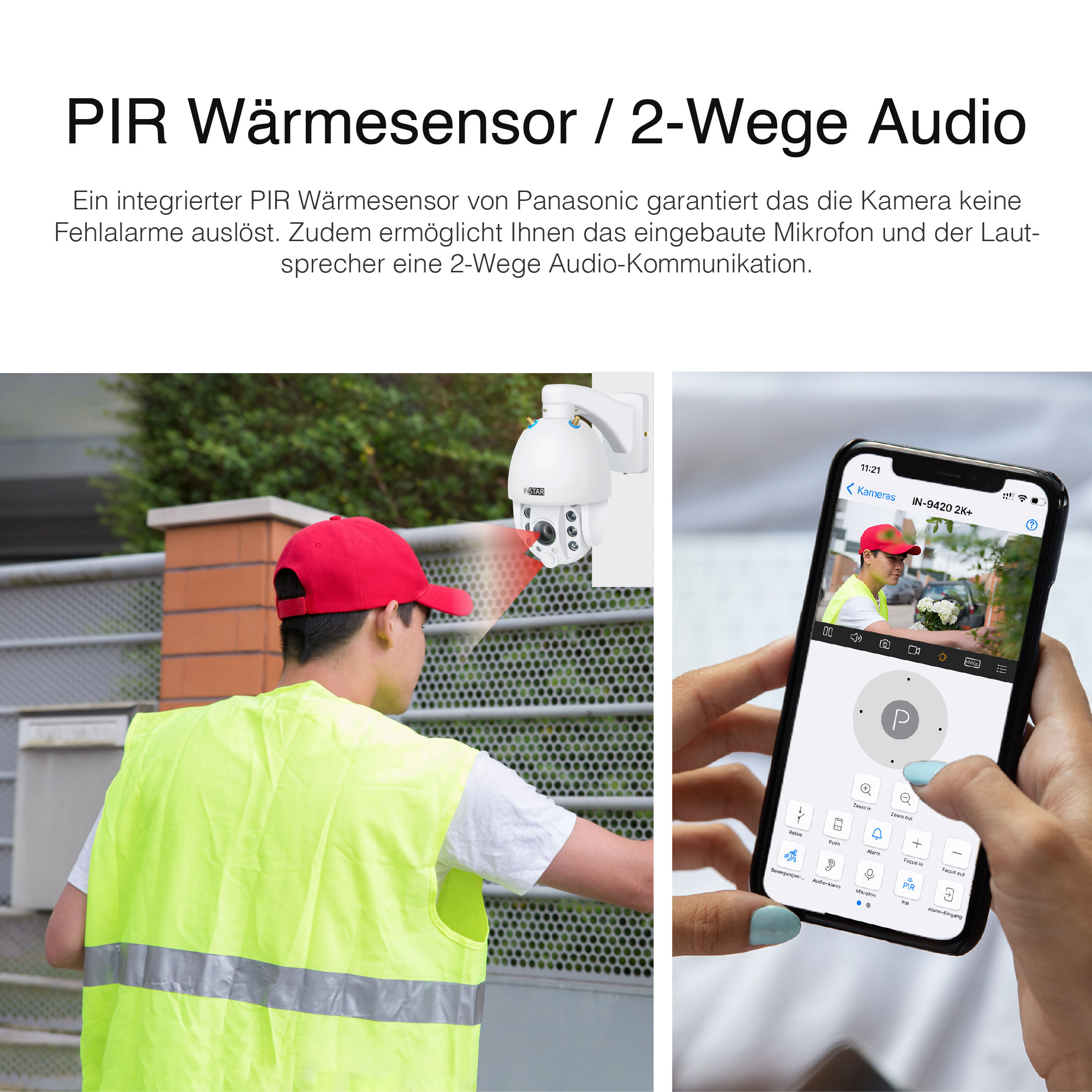 Mann in gelber Weste und roter Mütze in der Nähe einer Kamera. Person hält ein Telefon mit App.