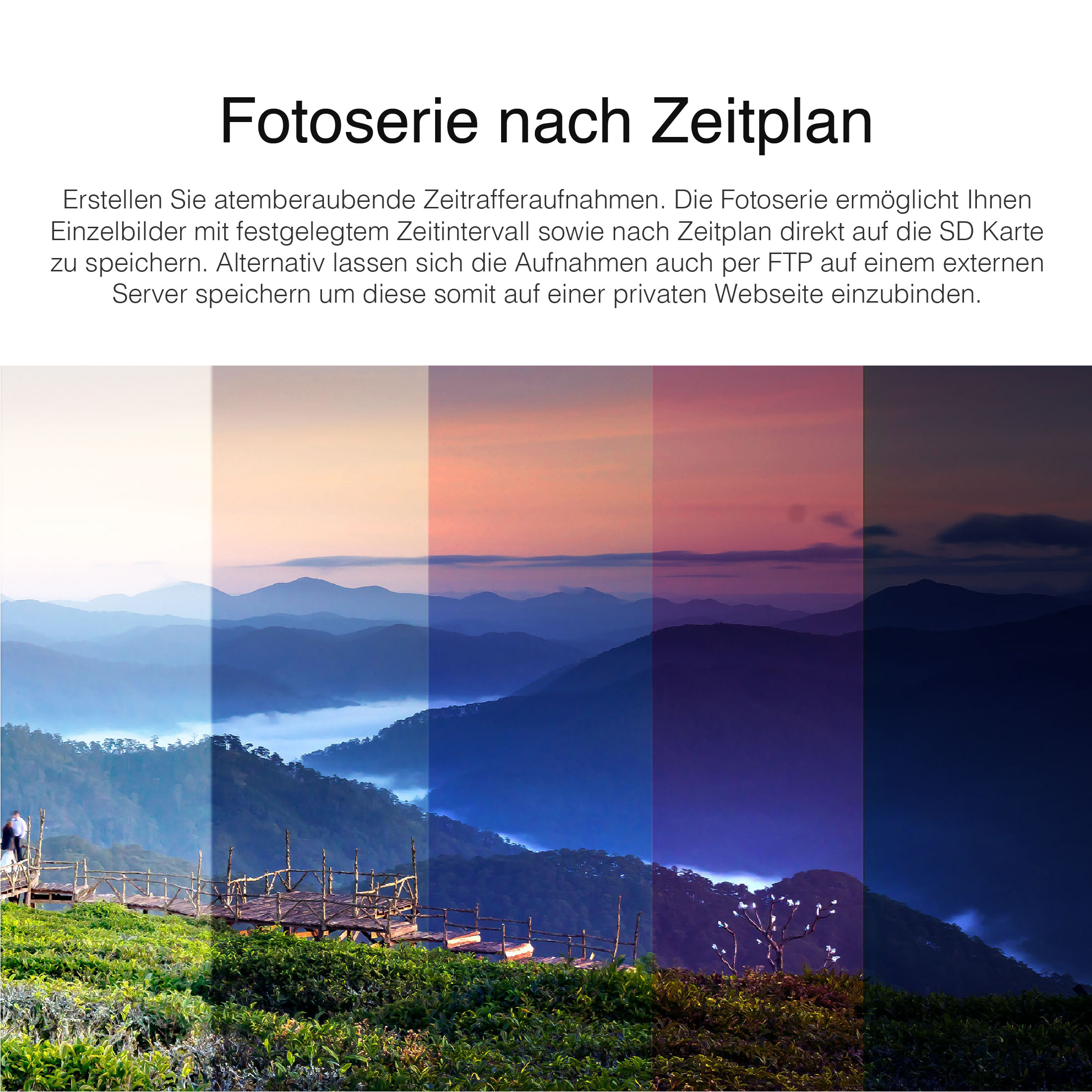 Landschaftsfotoserie über einem Bergmassiv. Unterschiedliche Belichtungen erzeugen einen Zeitraffer-Effekt. Grüner Vordergrund.