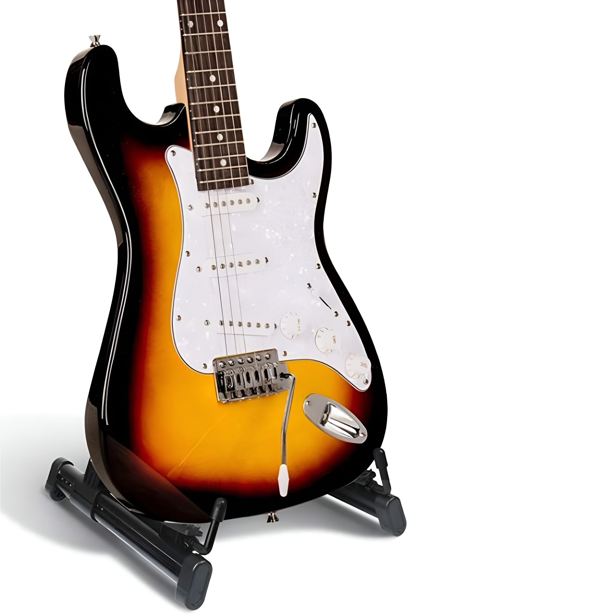 Sunburst E-Gitarre auf einem Ständer, mit weißem Schlagbrett und klarem Hintergrund.