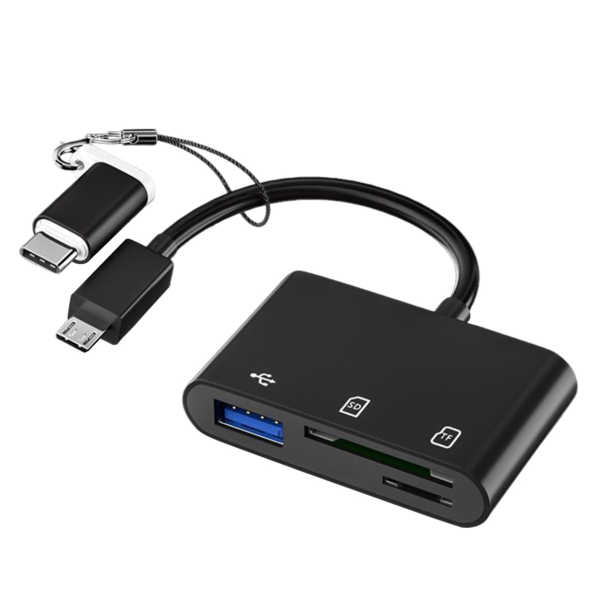 Schwarzer Multiport-Adapter für USB-, Micro-USB- und Typ-C-Anschlüsse. Weißer Hintergrund.