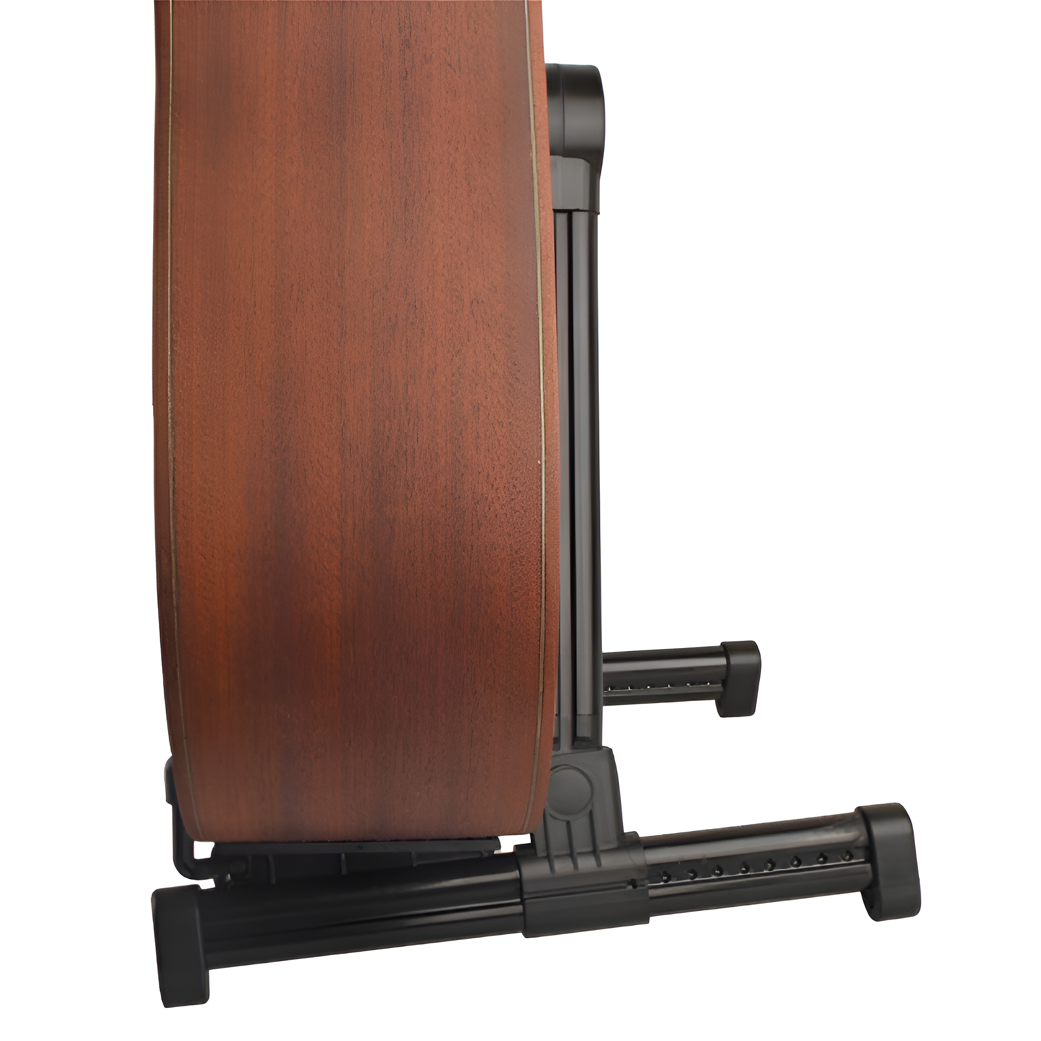 Akustikgitarre auf schwarzem Ständer. Gitarre hat braunen Korpus. Schwarzer Ständer, verstellbar.
