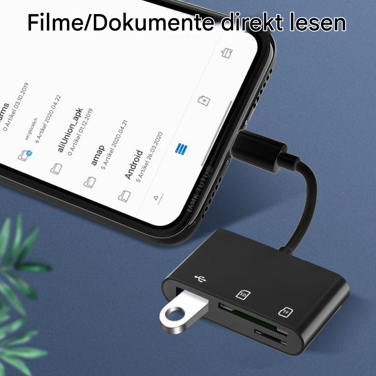 Schwarzes Telefon, verbunden mit einem schwarzen Adapter. Der Bildschirm zeigt Dateinamen, Ordner, Text: 'Filme/Dokumente direkt lesen'.