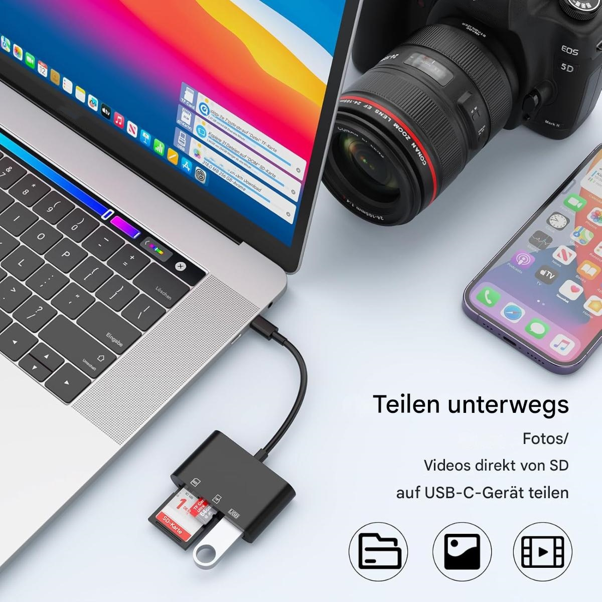 Ein Laptop, der mit einem Kartenleser mit SD-Karten und einem USB-Laufwerk verbunden ist, in der Nähe einer Kamera und eines Telefons.