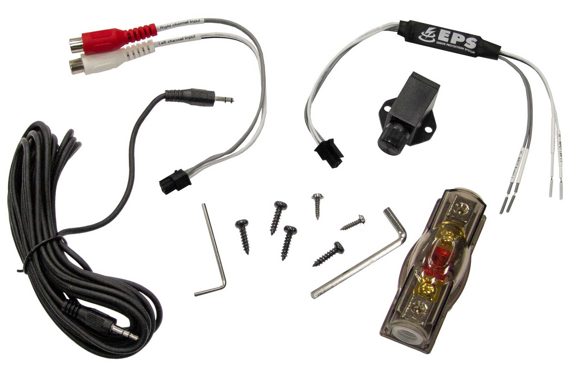 Verschiedene elektrische Komponenten, darunter Kabel, Stecker und eine Sicherung, auf weißer Oberfläche.