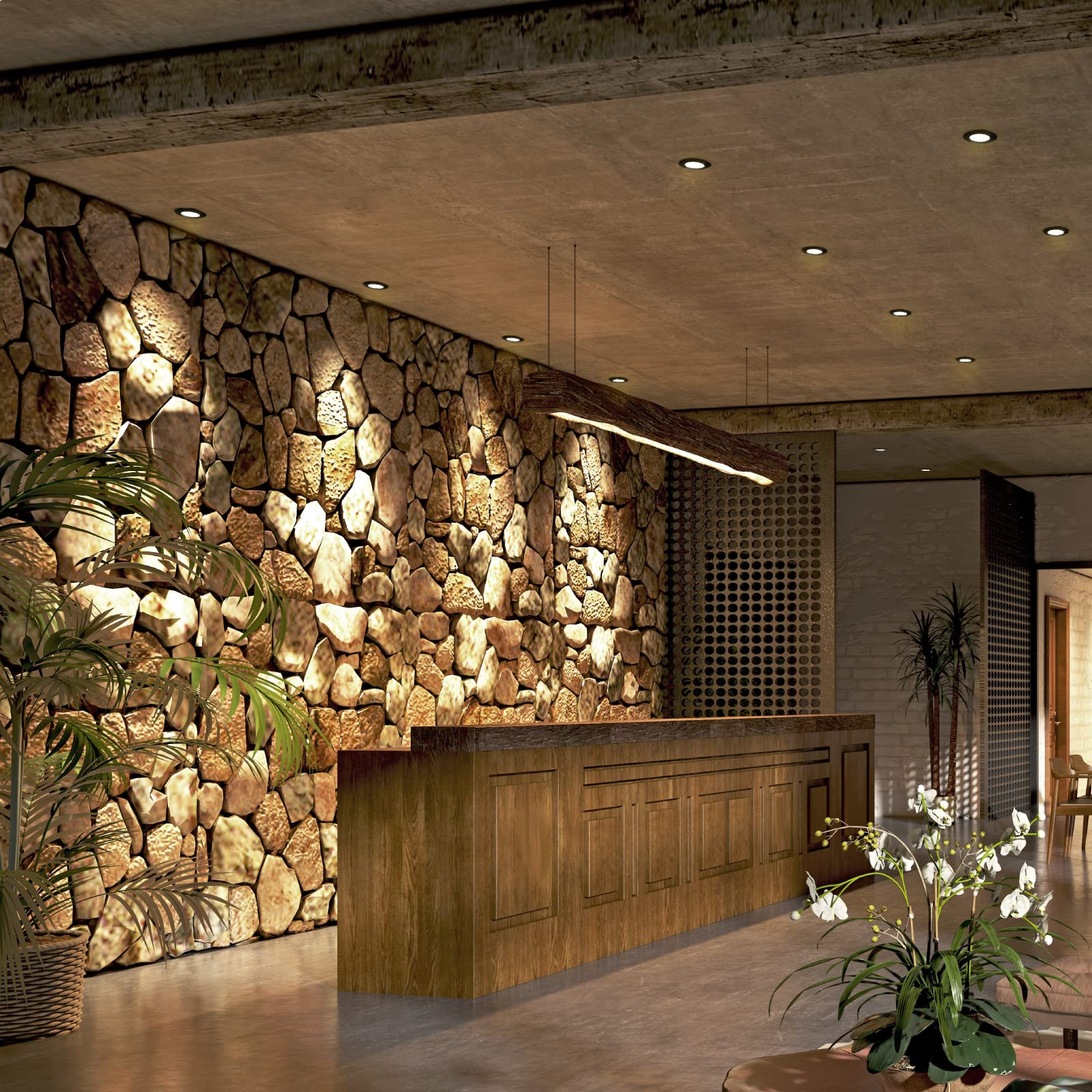 Innenszene mit Steinwand und Holzmöbeln. Pflanzen und Beleuchtung sind ebenfalls vorhanden.