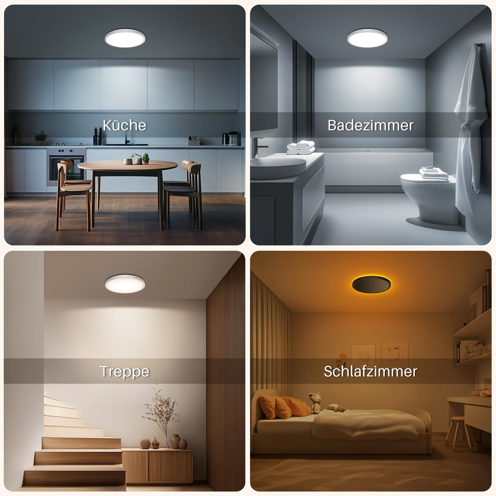 Vier Bilder mit Deckenleuchten in Küche, Bad, Treppe und Schlafzimmer. Weiße und gelbe Lichter.
