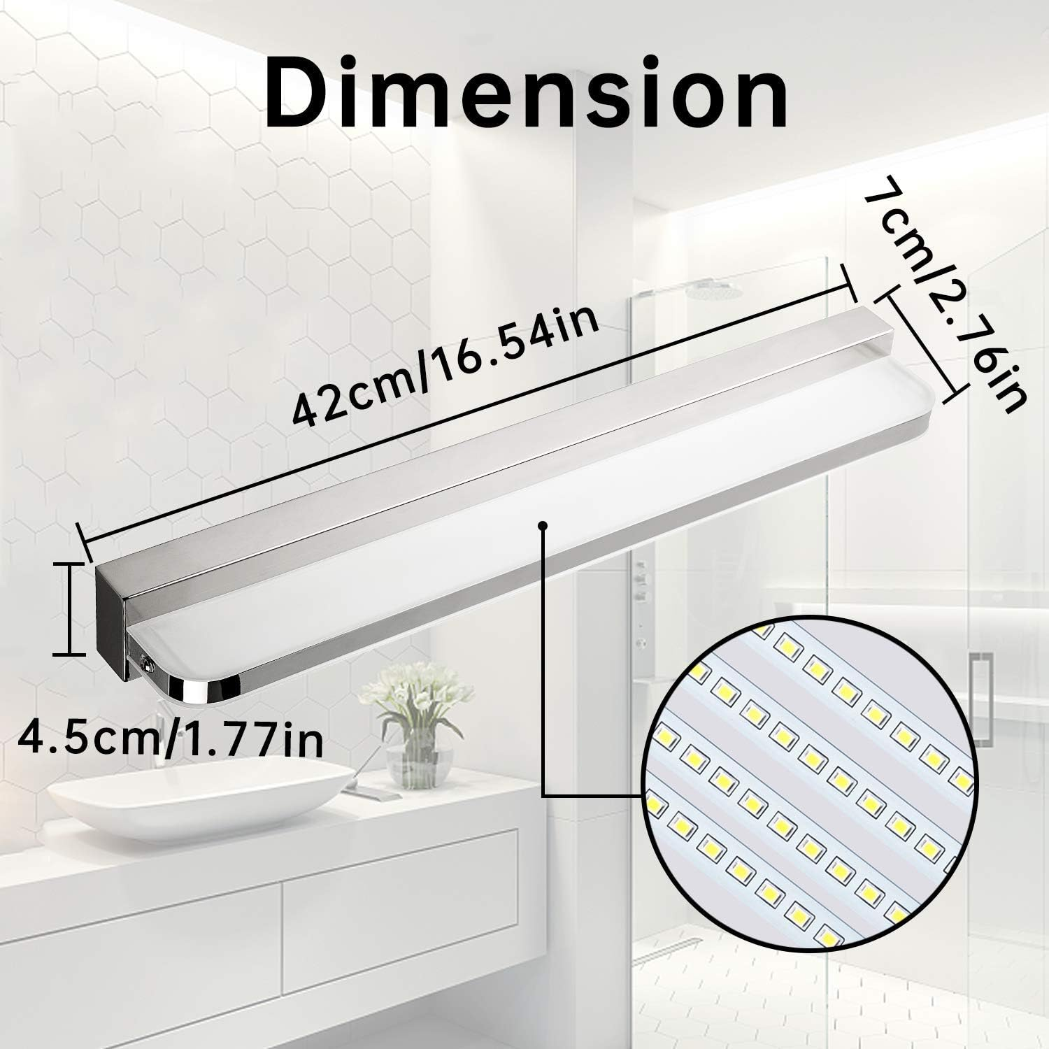 Badezimmerspiegel mit LED-Leuchten, Abmessungen 42cm/16.54in x 4.5cm/1.77in x 7cm/2.76in.