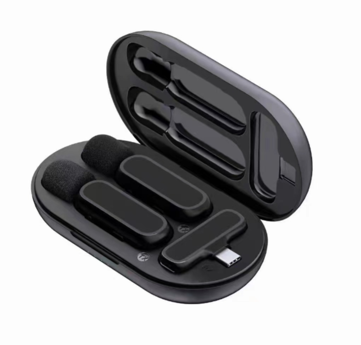 Ein schwarzes Etui enthält zwei kleine Mikrofone und einen USB-C-Anschluss, vor weißem Hintergrund.