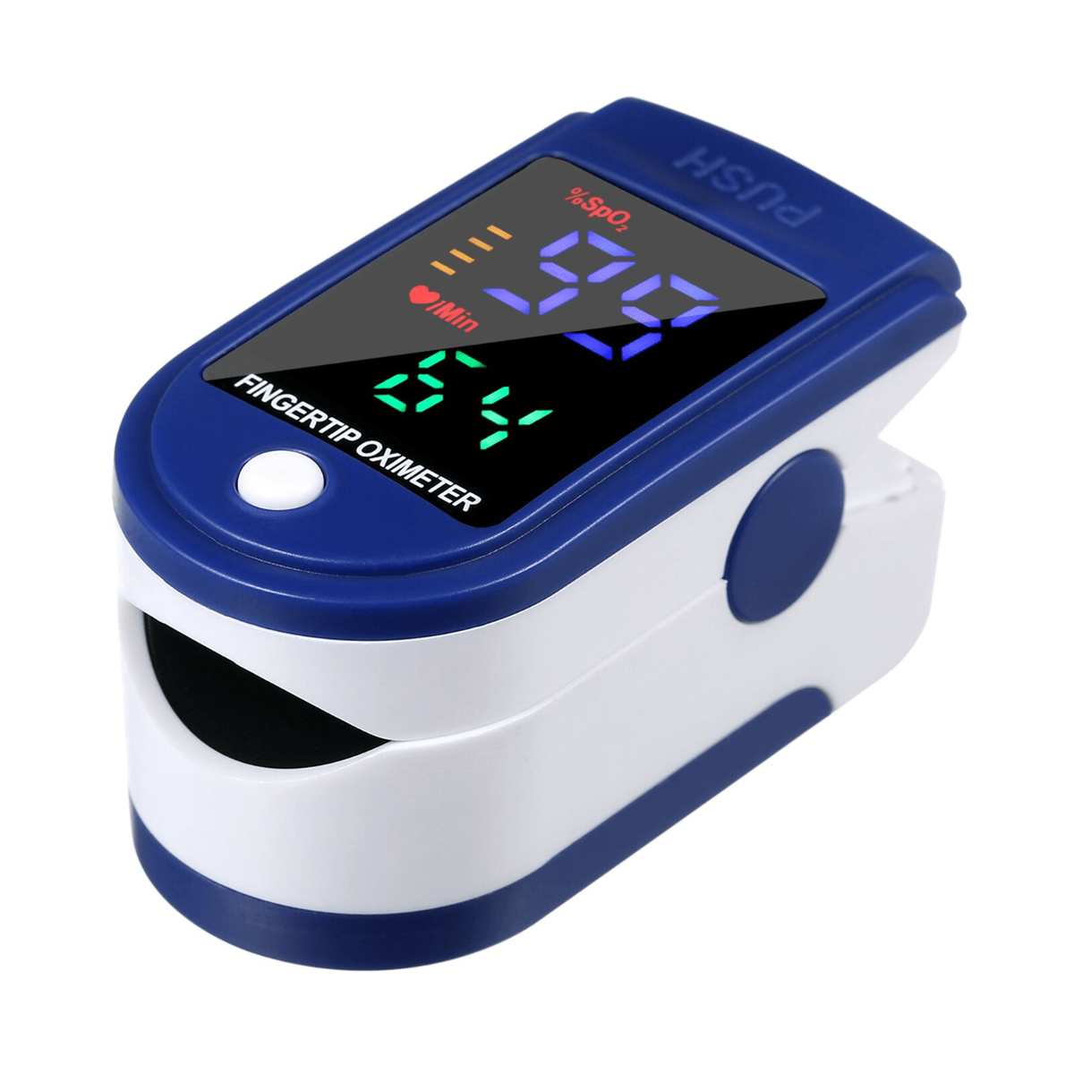 Ein Fingerpulsoximeter. Das Gerät zeigt Sauerstoffsättigung und Pulsschlag.