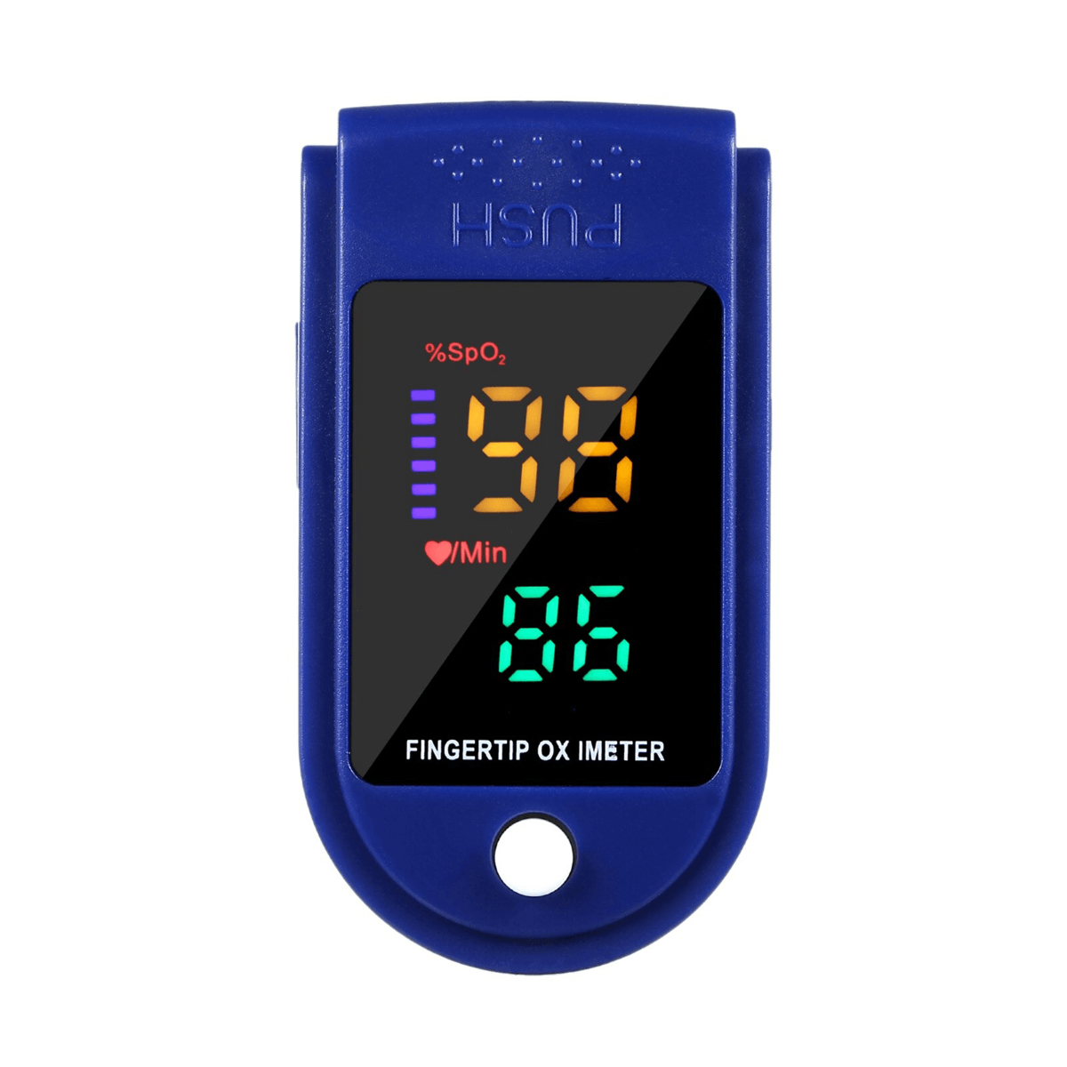 Blauer Fingertip-Oximeter zeigt 98 und 86 an. Hat eine %SpO2- und Herzfrequenz-Bezeichnung. Weißer Hintergrund.