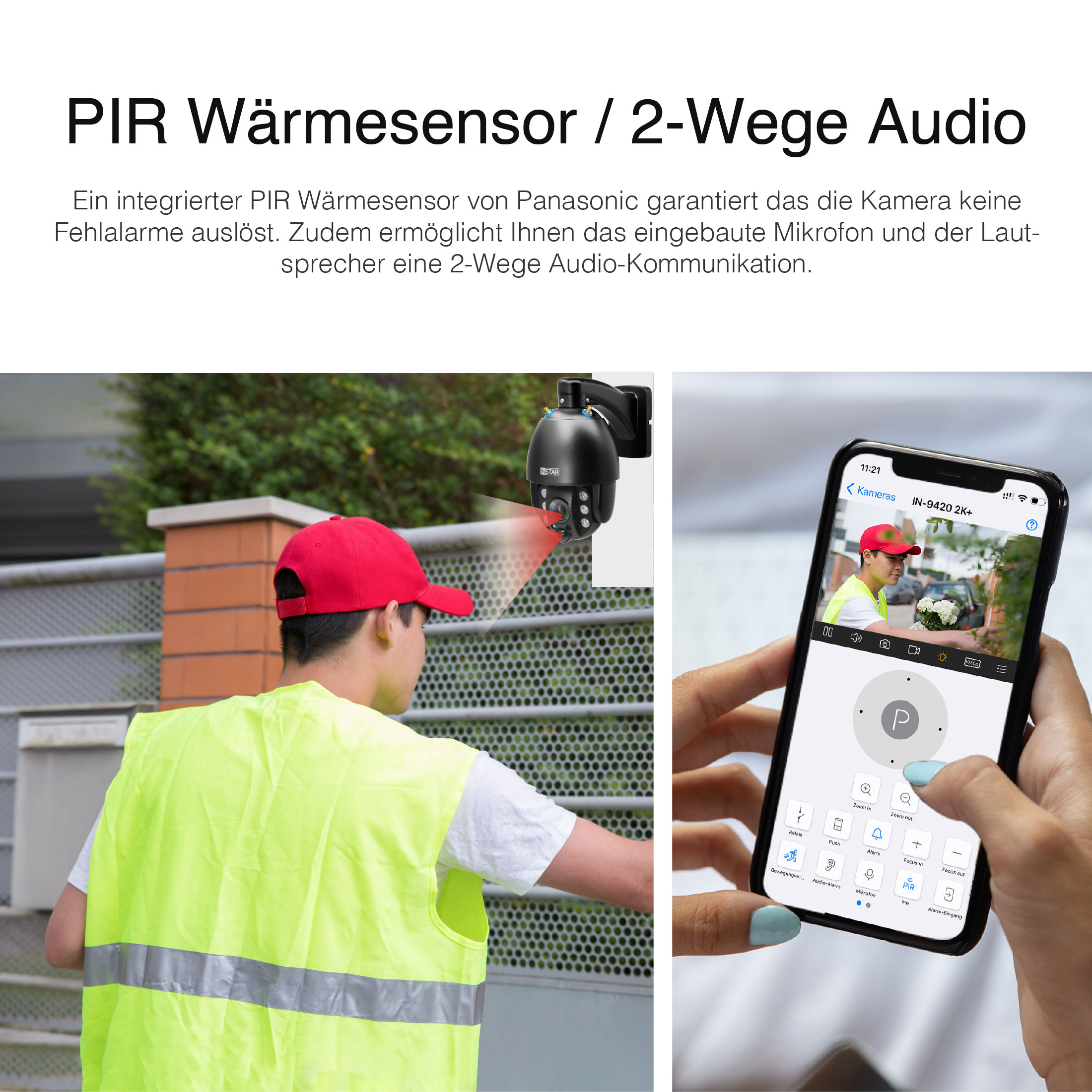 Bild zeigt eine Überwachungskamera und eine Person, die ein Telefon mit Live-Feed hält.