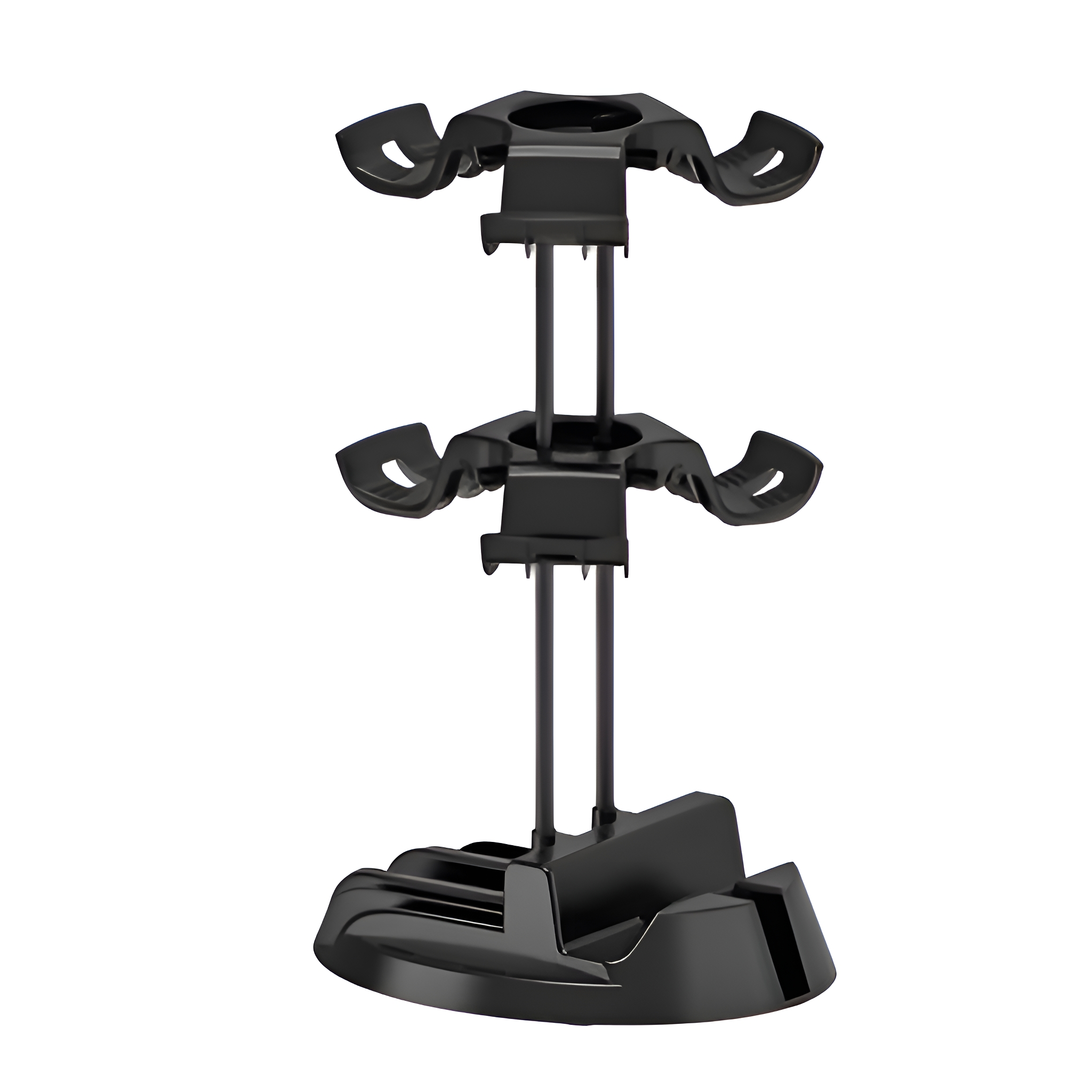 Schwarzer VR-Headset-Ständer mit zwei Ebenen zur Aufnahme von Headsets und einem Sockel auf weißem Hintergrund.