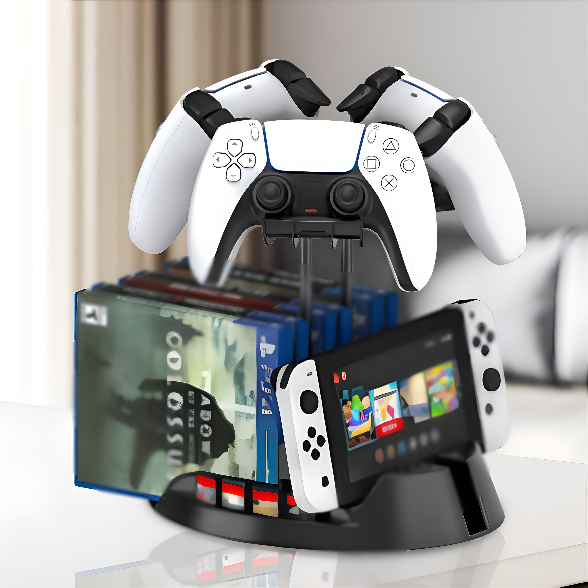 Gaming-Zubehör: Controller und ein Nintendo Switch auf einem Ladeständer.