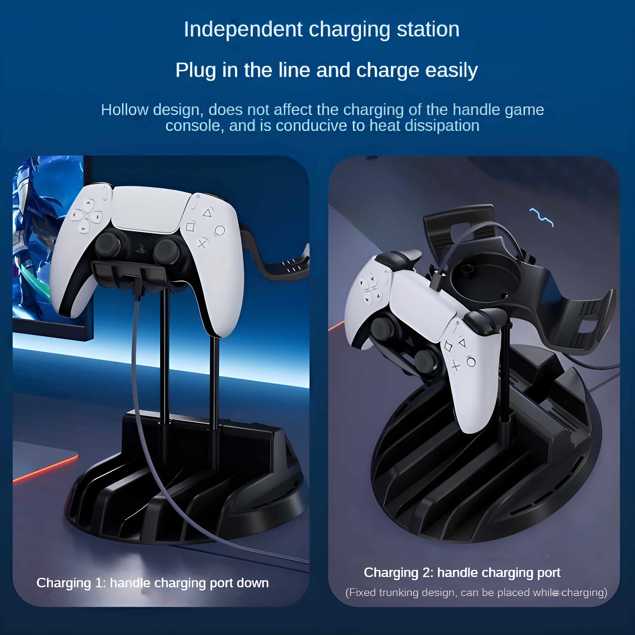 Ladestationen für Gamecontroller: eine mit Controller, eine mit Ladeanschluss.