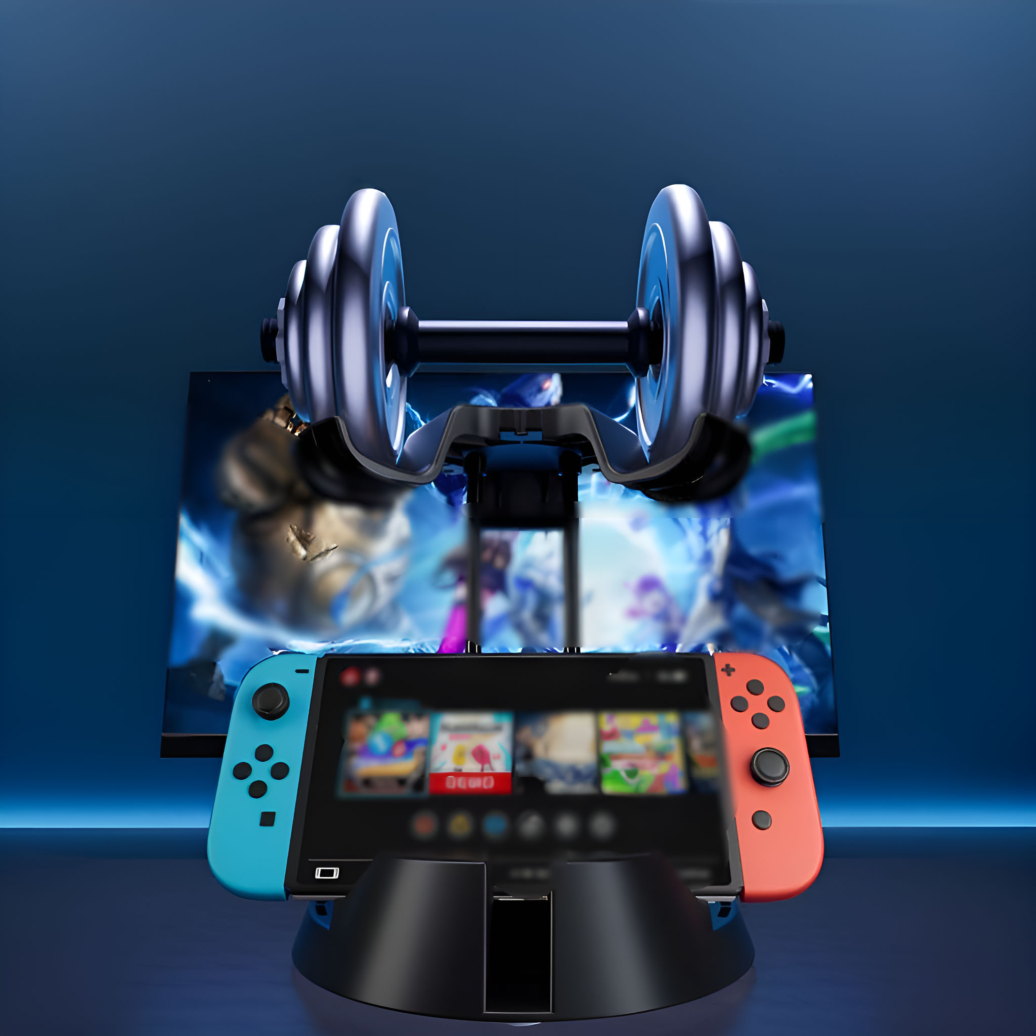 Eine Dockingstation in Hantelform für eine Nintendo Switch und einen Fernseher im Hintergrund.