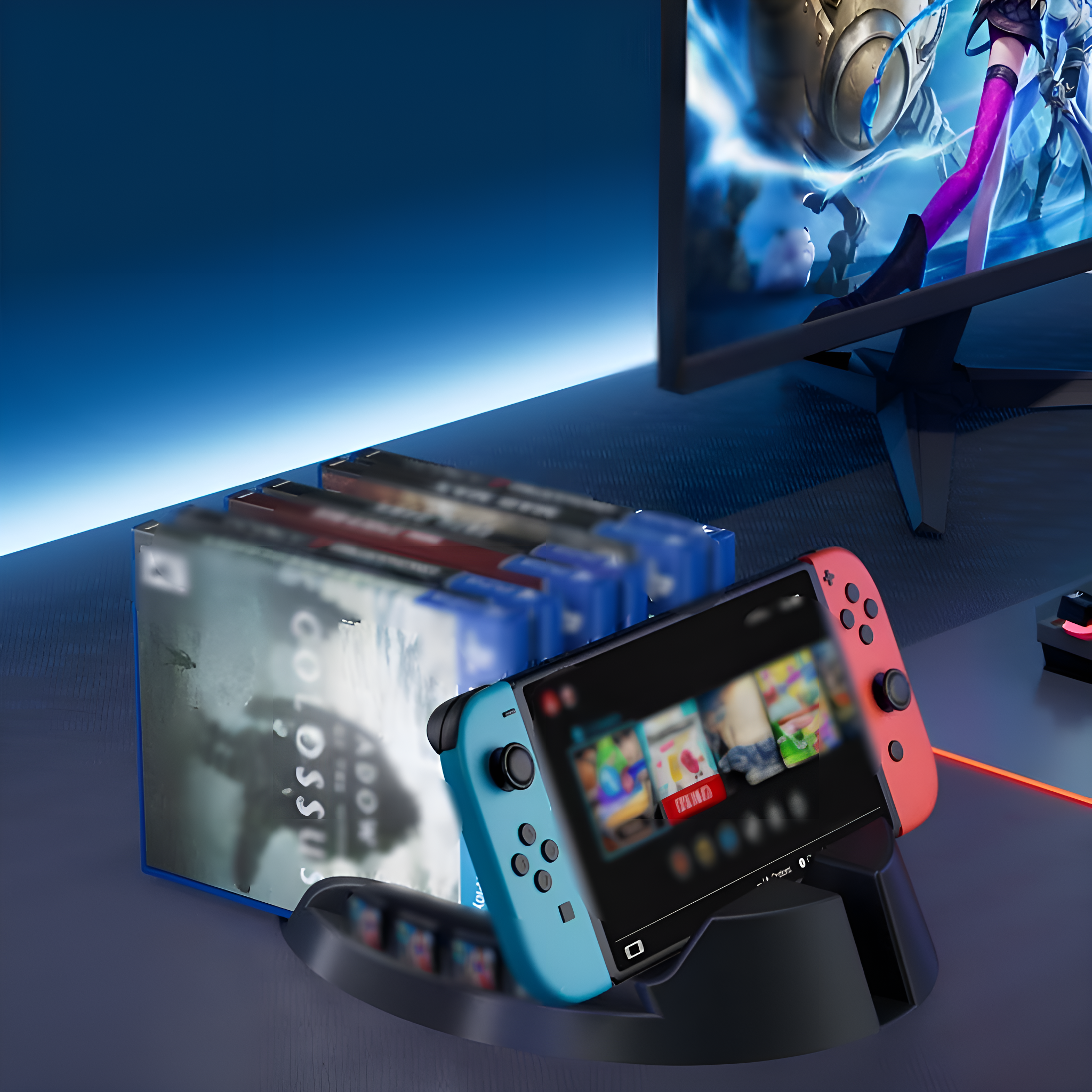 Nintendo Switch-Konsole in einer Dockingstation, mit Spielboxen im Hintergrund.