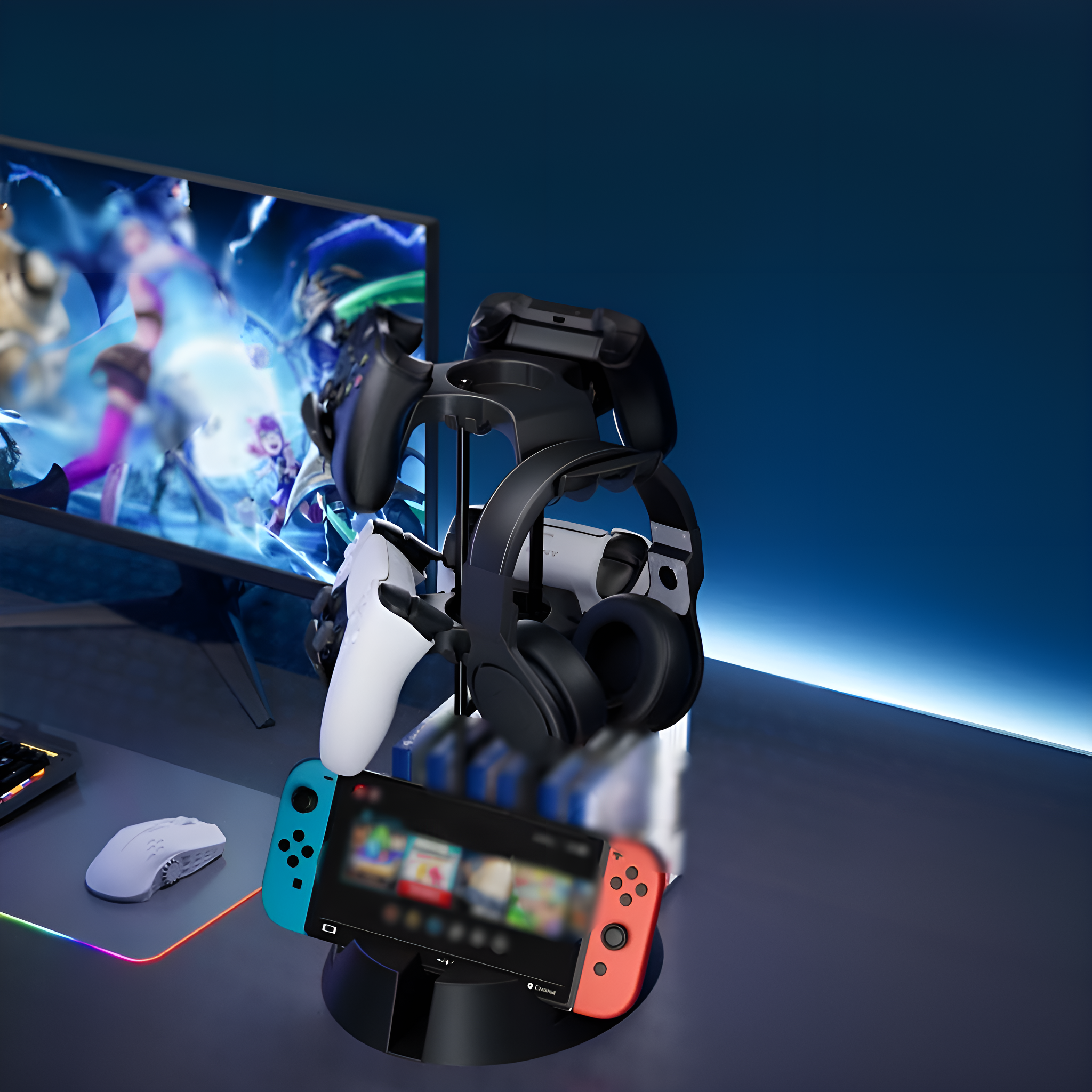 Gaming-Zubehör-Organizer mit Controllern, Kopfhörern und einem Switch.