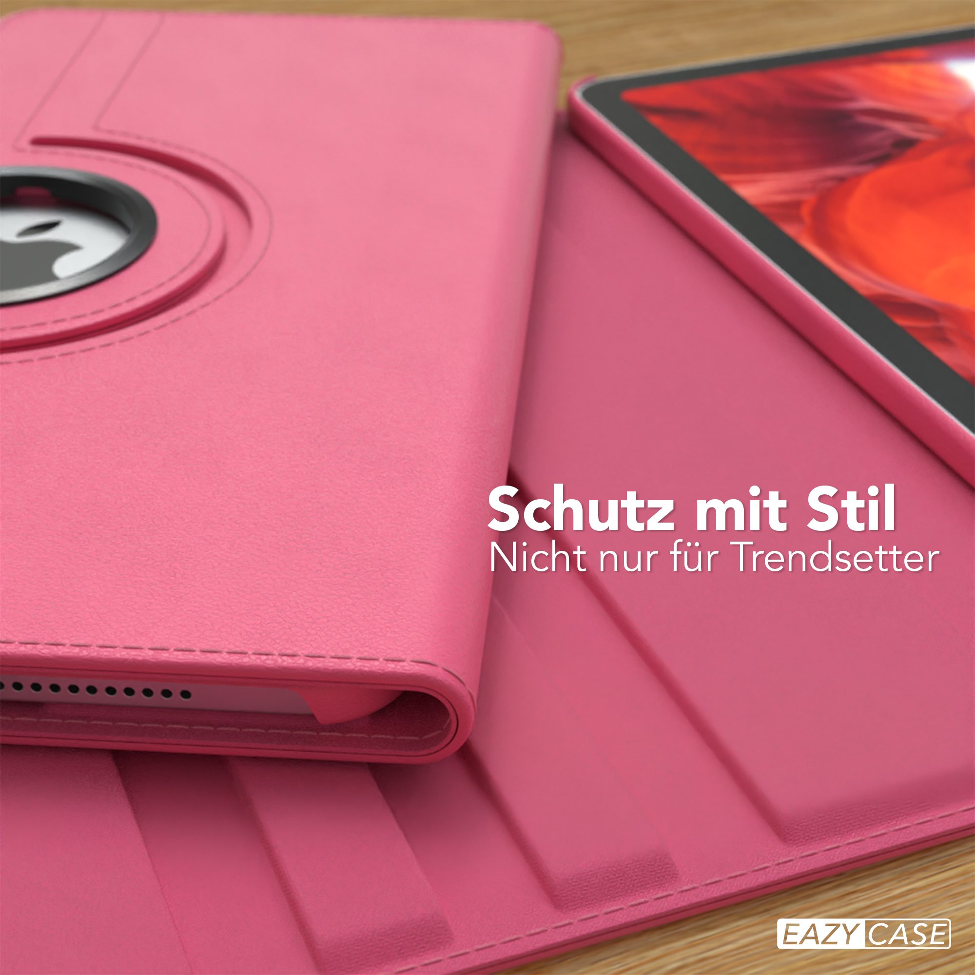 Pinkfarbene Tablethülle geöffnet, zeigt ein Tablet. Die Hülle ist markenrechtlich geschützt, und das Tablet ist sichtbar.