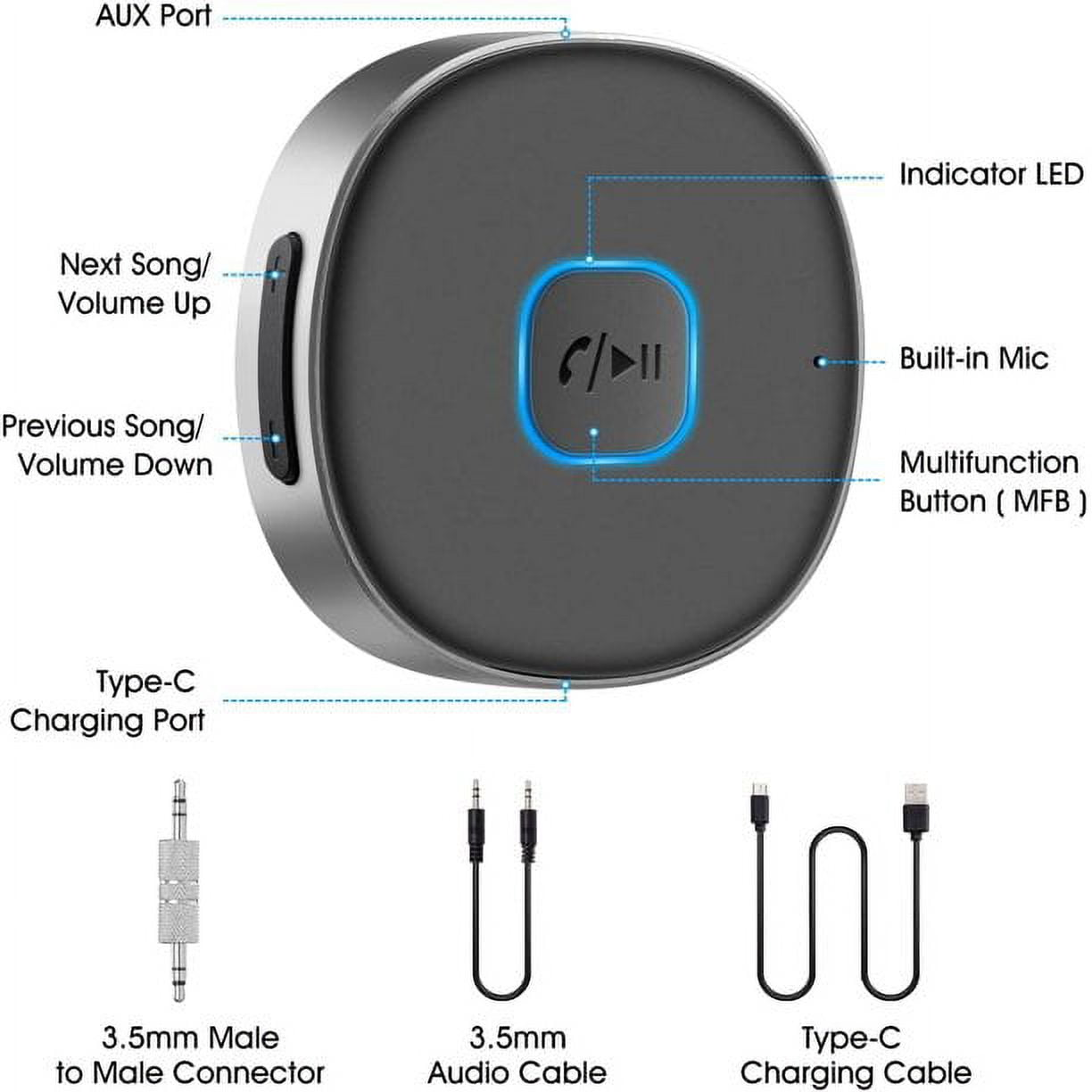 Ein schwarzes Bluetooth-Gerät mit Bedienelementen und einem Ladekabel und einem Audiokabel.