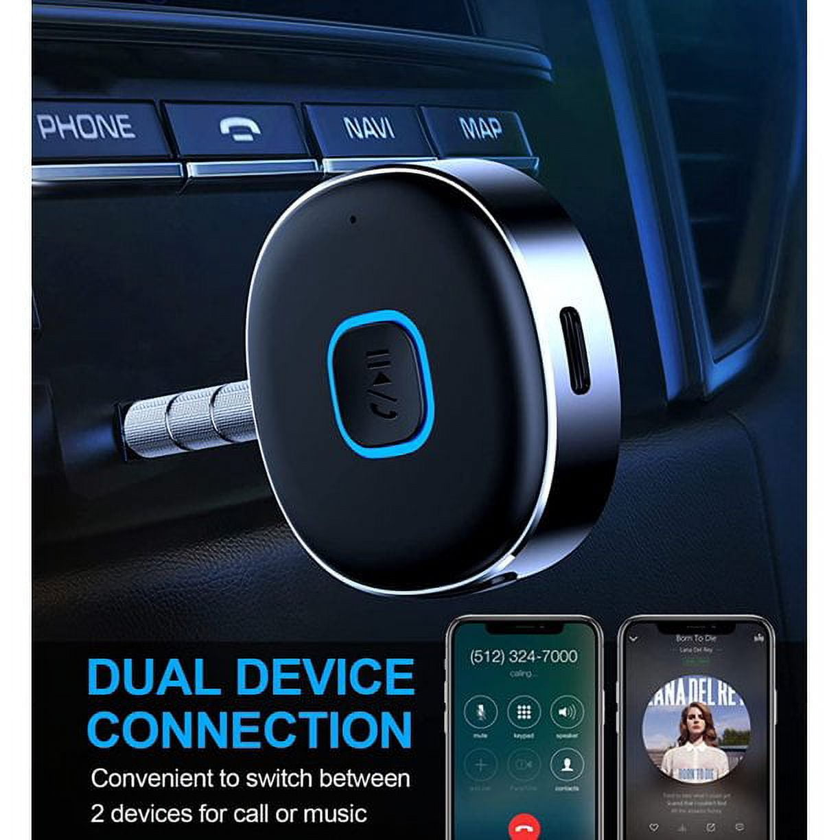 Schwarzes Gerät mit blauem Licht, an das Armaturenbrett eines Autos angeschlossen, zwei Smartphones darunter.