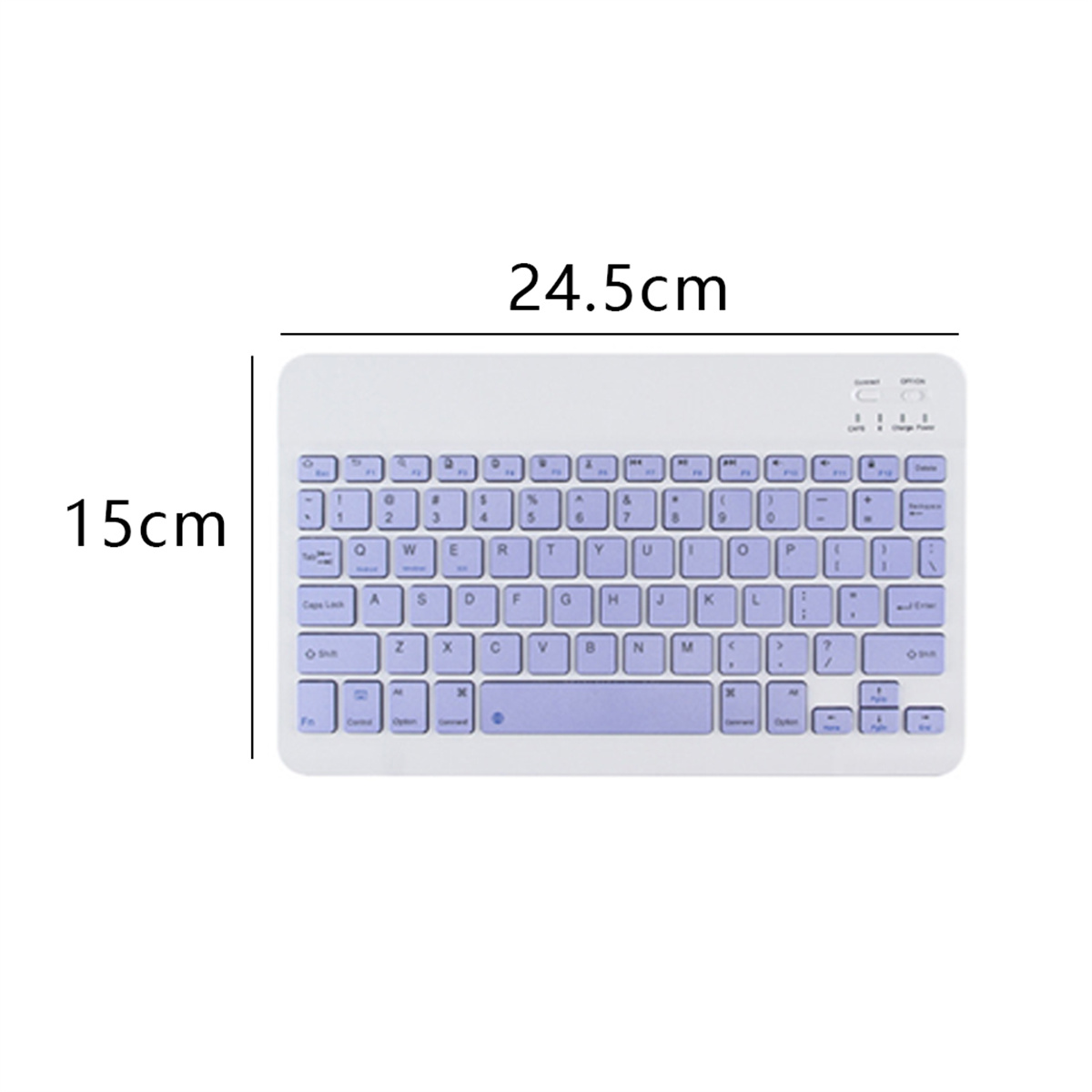 Weiße Tastatur mit lila Tasten und 15cm x 24,5cm Messung, auf weißem Hintergrund.